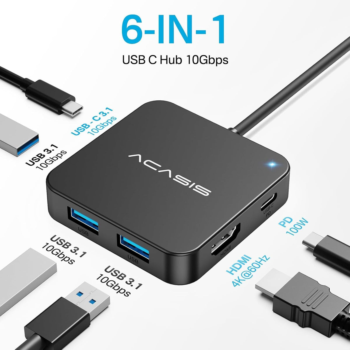 ACASIS USB C Hub 10Gbps, USB C to 4K 60Hz HDMI Adapter for Laptop/MacBook | 6-in-1 USBC Multiport Adapter with 100W Power Delivery, HDMI to USB C Adapter for Dell, Lenovo, Surface, iPad