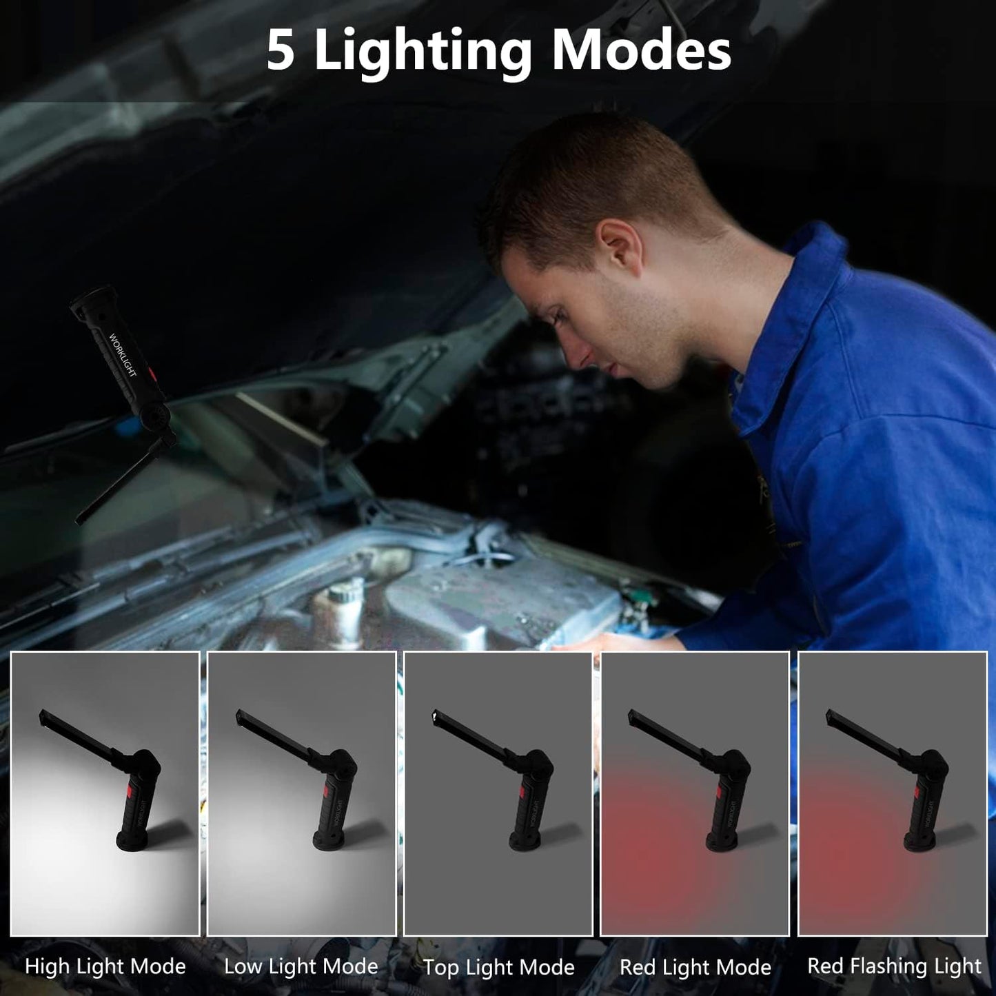 NODINIHU Working Light Portable, Rechargeable Work Lights with Magnetic Base Hanging Hook,360° Rotate 5 Modes,COB LED 800 Lumens Foldable Inspection Light for Car Repair, Grill and Outdoor Use(4pack)