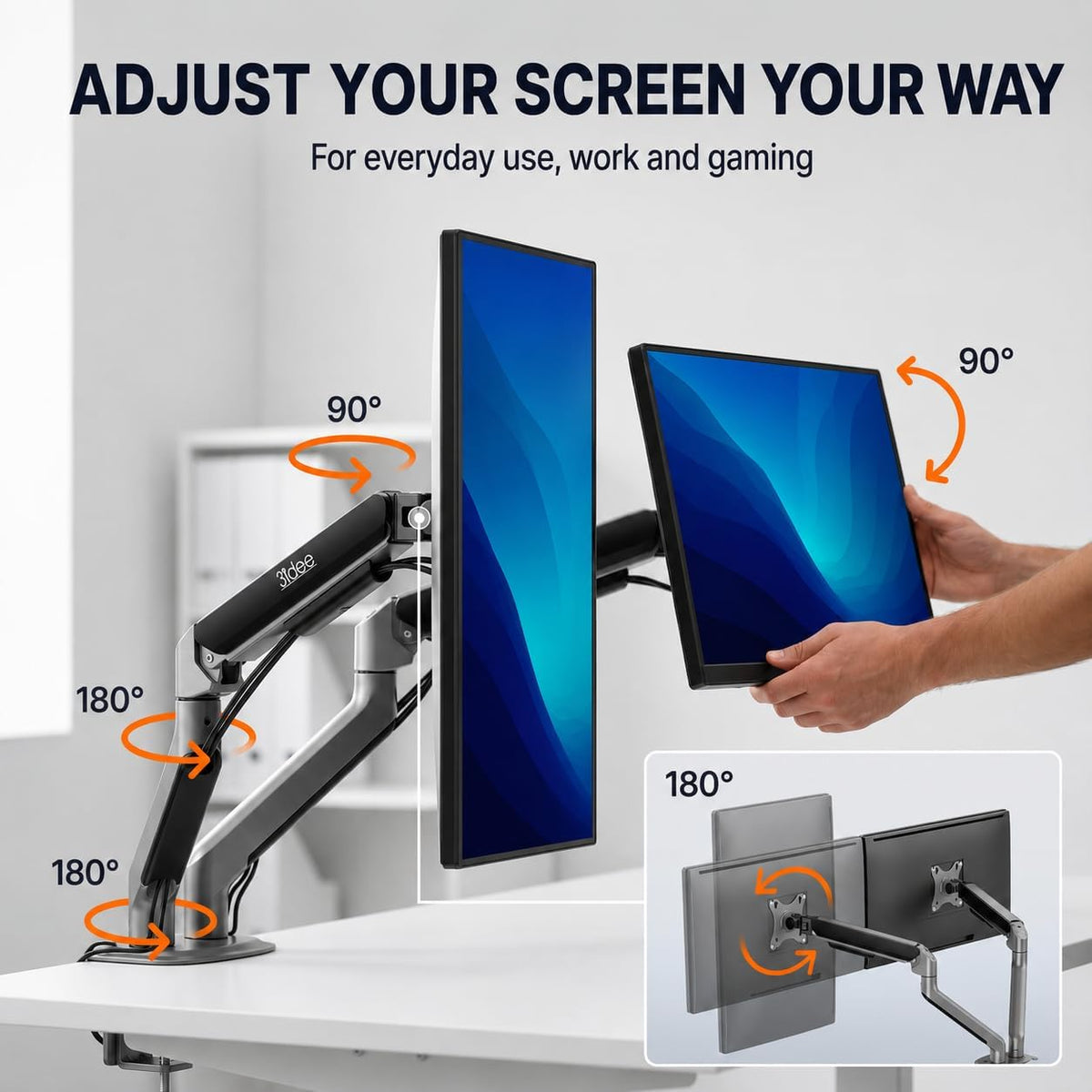 3IDEE FlexiLite Dual Monitor Arm Desk Mount for 17-32" Screens, Holds up to 20 lbs per Monitor, Slim Aluminium Design, Fully Adjustable, Quick Box to Desk Setup, Clamp/Grommet Base, VESA 75/100