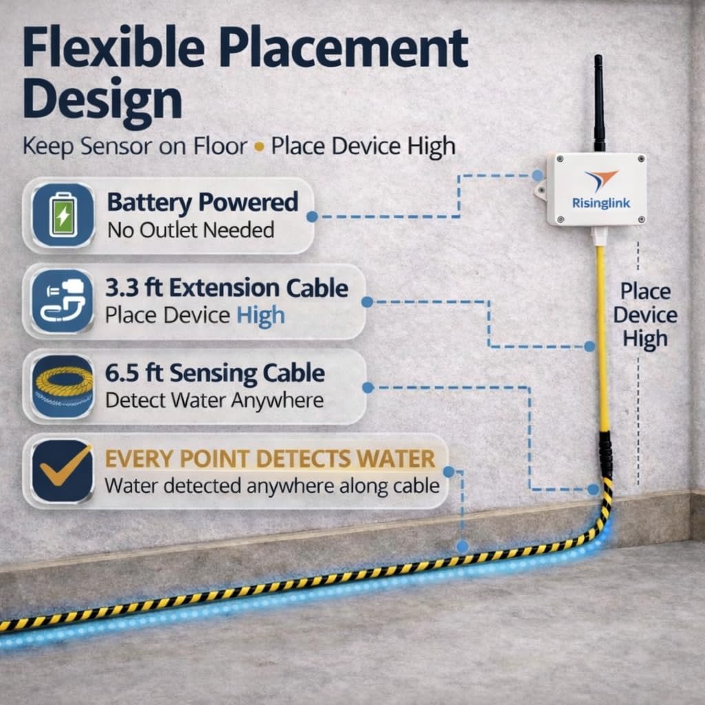 WiFi Water Leak Detector with 6.5 ft Sensing Cable, Whole-Area Leak Detection, Text Message, Email & Audible Alerts, Battery Powered