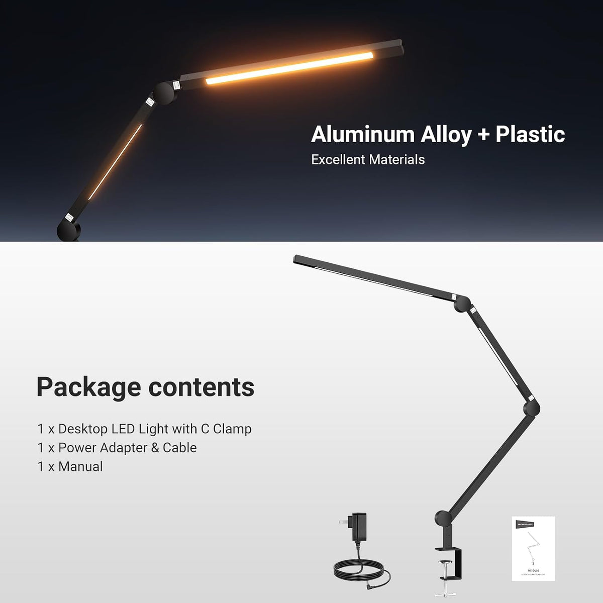 NEEWRE Basics 12W 42.5" Clip On LED Lamp with Dual Light Bar, CRI95+ Bi Color Aluminum Alloy Table Architect Light Dimmable for Home Office Monitor Computer Video Conference Desk Drafting, ME-DL02