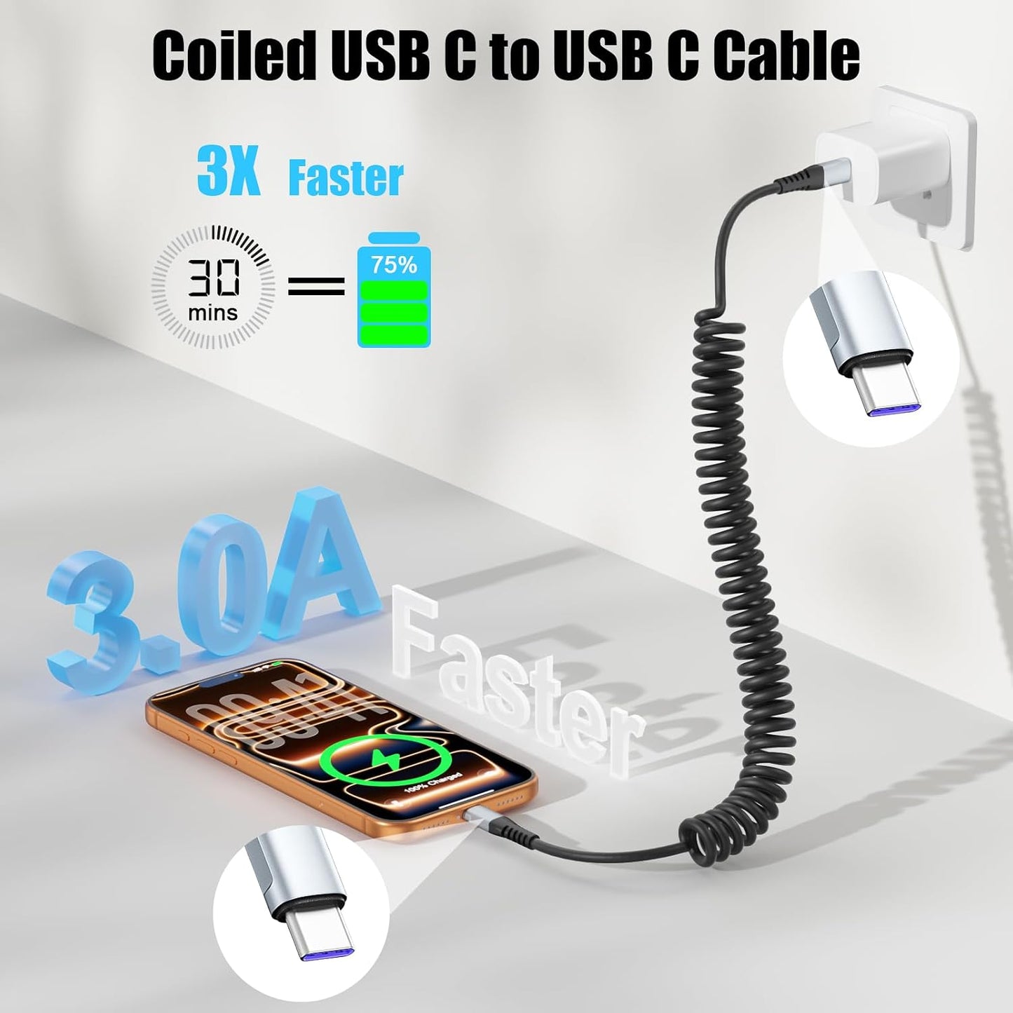 Quickeep Coiled USB C to USB C Cable 3FT 2Pack, USB C Charger Cable for Car | USBC to USBC Cable,60W Type C Fast Charging Cable for iPhone 17/16/15/Pro/Pro Max Samsung Galaxy S25/24