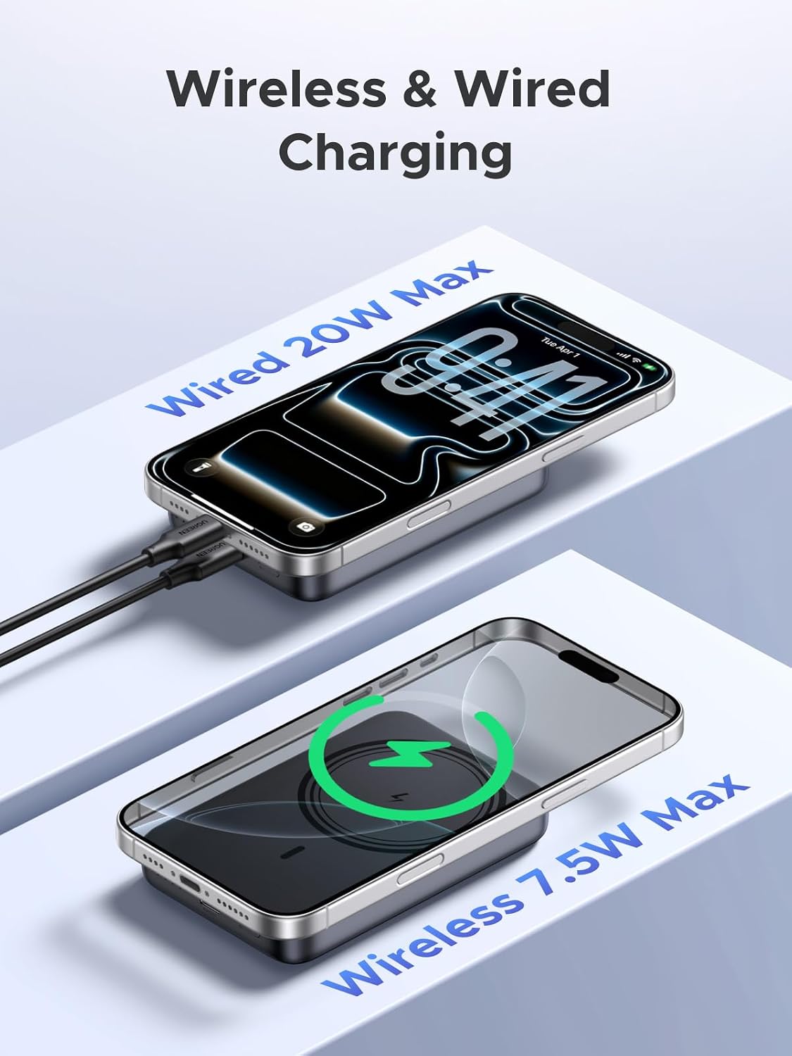UGREEN 10000mAh Magnetic Power Bank PD 20W USB-C for iPhone 16 Pro Max | MagSafe-compatible, USB-C 20W PD fast charging. Slim magnetic attachment for iPhones