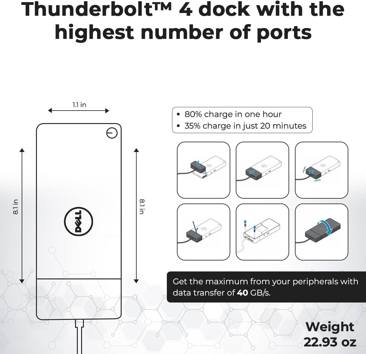 Dell WD22TB4 Thunderbolt 4 Dock Bundle - 40Gbps USB-C/USB-A, 3 Year Warranty with 180W Adapter, Anyhdd HDMI, DP, USB-C Cable & Cloth - Docking Station, Supports Dual/Triple Monitors & 4k Display