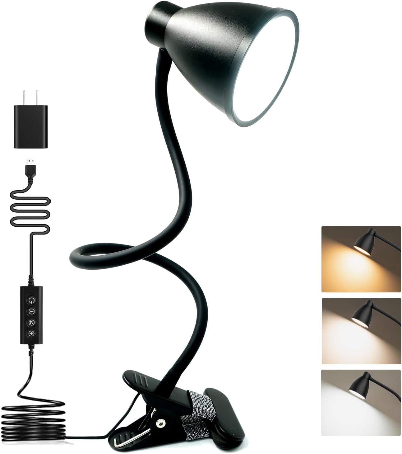 BOHON Desk Lamp 5 Color Modes 10 Brightness Dimmer Reading Light Black | 10W 38 LED Clamp Lamp with Auto Off Timer 360° Flexible Neck Clip on Light for Bed Bedside, AC Adapter Include