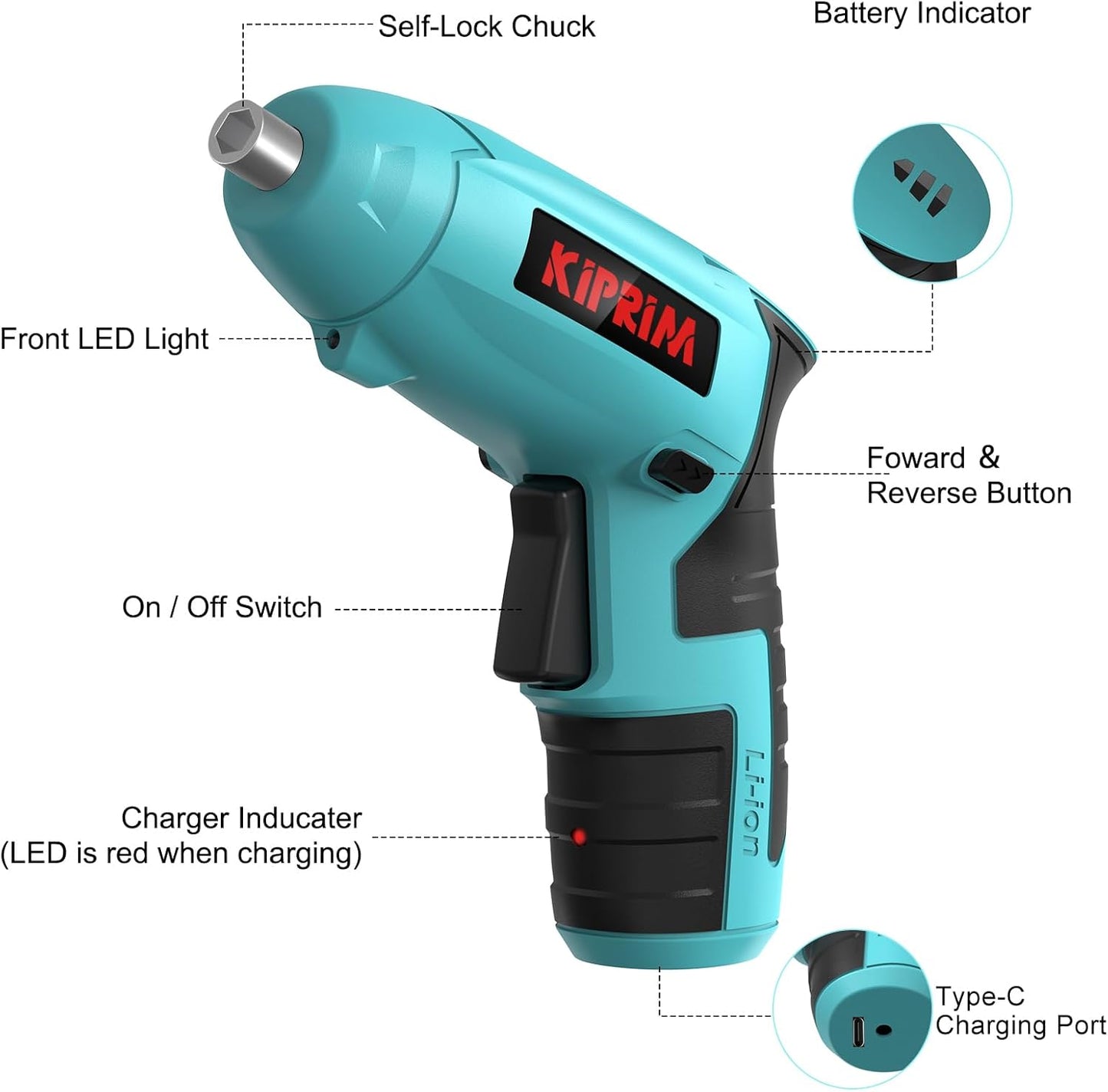 Kiprim ES3 4V Cordless Electric Screwdriver, Power Indicator Light Blue | Compact 4V cordless screwdriver with built‑in rechargeable battery.Equipped with front LED working light and power indicator.