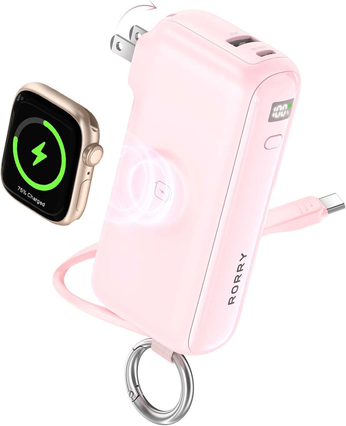 RORRY Flow Portable Charger 10000mAh 40W Wall Plug Power Bank Battery Pack | Built-in USB-C Cable, Keychain Design, Fast Charging, for iPhone 17/16/15, Apple Watch, iPad, 3-in-1, Travel Essential