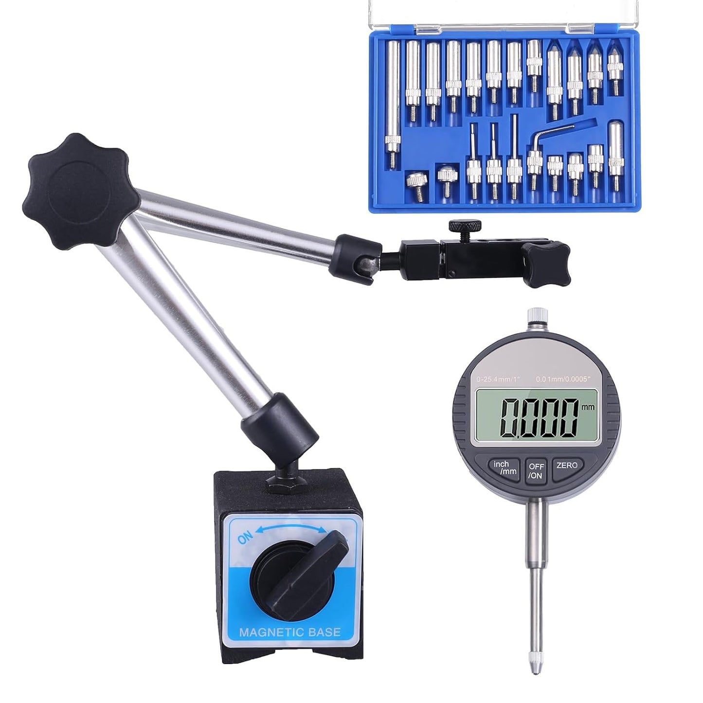 Electronic Digital Dial Indicator 0-1" / 25.4mm | with Magnetic Base Holder ,Fine Adjustable Long Arm ,Metric Conversion Professional Gauge 0.01mm/0.001"