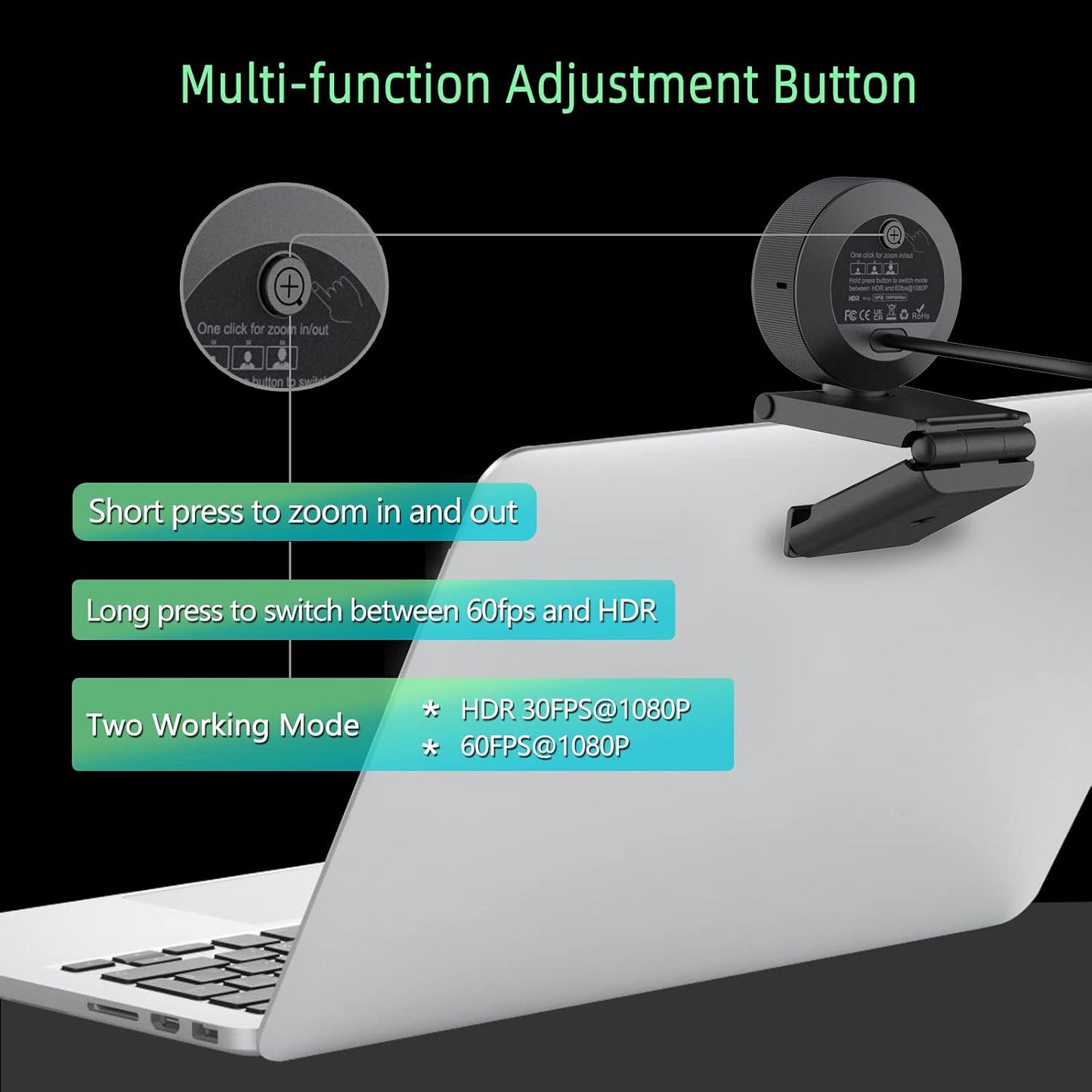 Angetube 1080p Webcam with Ring Light for Streaming, USB 60FPS Web Camera | 5X Digital Zoom, HDR-1080P@30FPS or 1080P@60FPS, Auto Light Correction, HD Web Cam w/ Microphone for PC Laptop Mac Desktop
