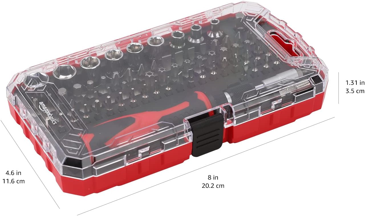 Amazon Basics Magnetic Ratcheting Wrench and Electronics Precision Screwdriver Tool Set, 73-Piece, with Carry Case for Household Repair, Small Jobs, Eyeglasses, Black/Red/Silver