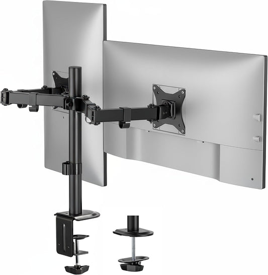 Mount-It Dual Monitor Arm, Heavy Duty Desk Mount for 2 Screens 13-32 in | Up to 19.8 lbs Each, Full Motion Tilt Swivel Rotate, VESA 75x75 100x100, Steel, Cable Management, C-Clamp or Grommet, Black