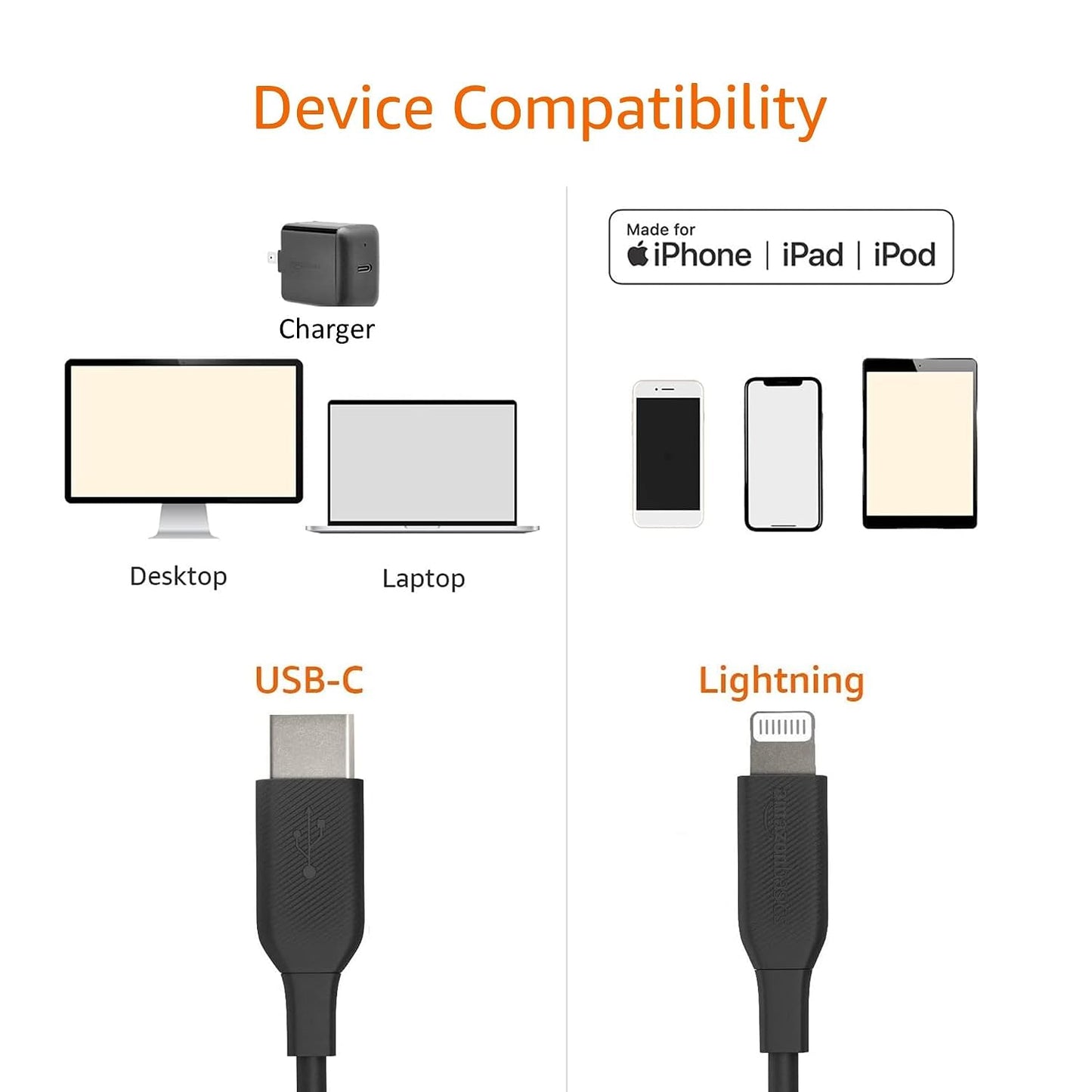 Amazon Basics USB-C to Lightning Cable, Apple MFi Certified, Power Delivery, Data Transfer, 3 Feet, Black