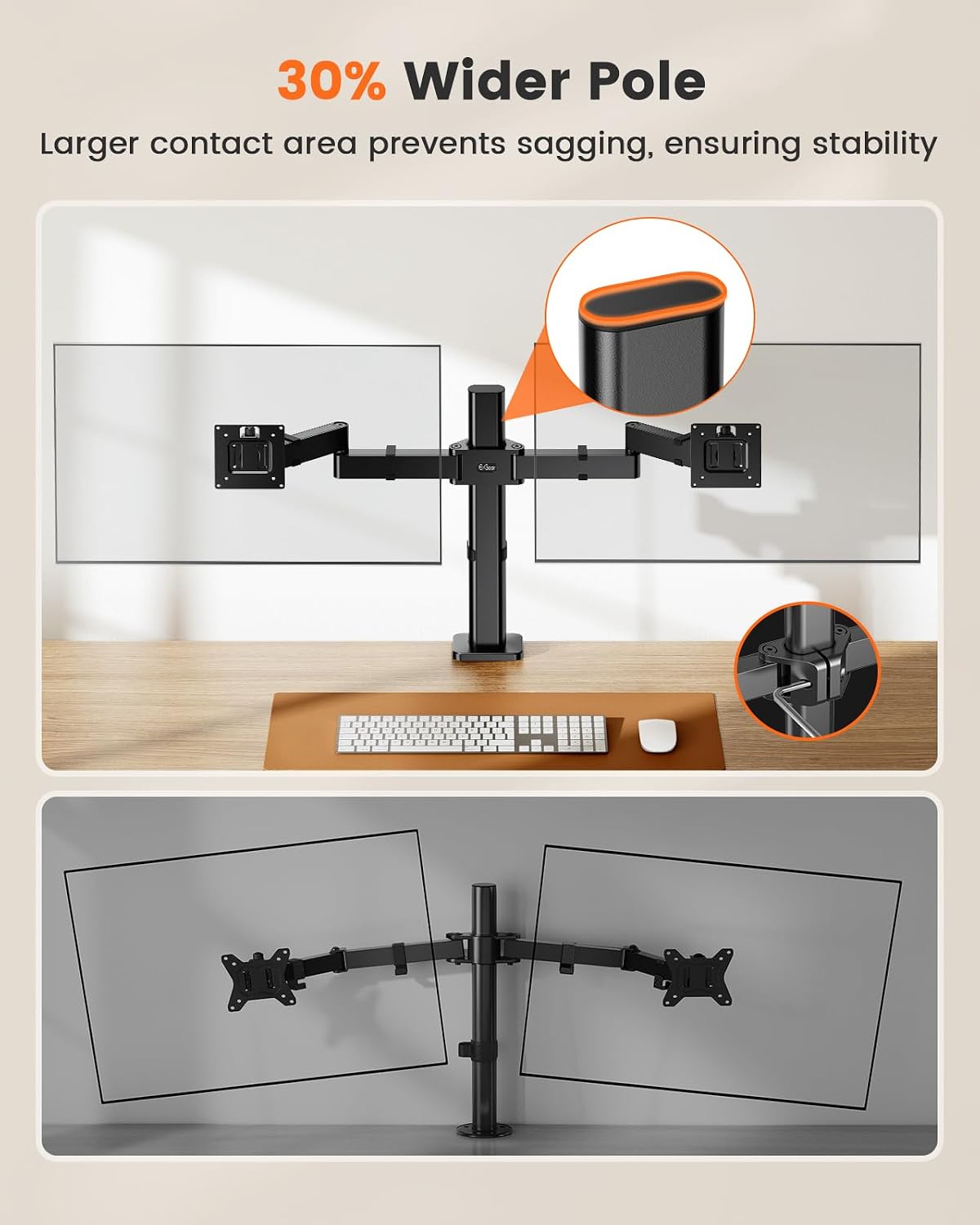 ErGear Dual Monitor Stand for 17-32 inch, Dual Monitor Mount with Adjustable Tilt, Swivel, Rotation, Tiered Arms for Extra Height, Supports 22 lbs per Arm