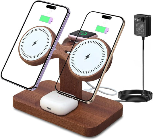 Wood Dual Phone Charging Station Compatible with Magsafe Charger Stand Magnetic Wireless Charger for iPhone 17 16 15 14 13 12 Series iWatch AirPods Wireless Charging Station for Apple Devices