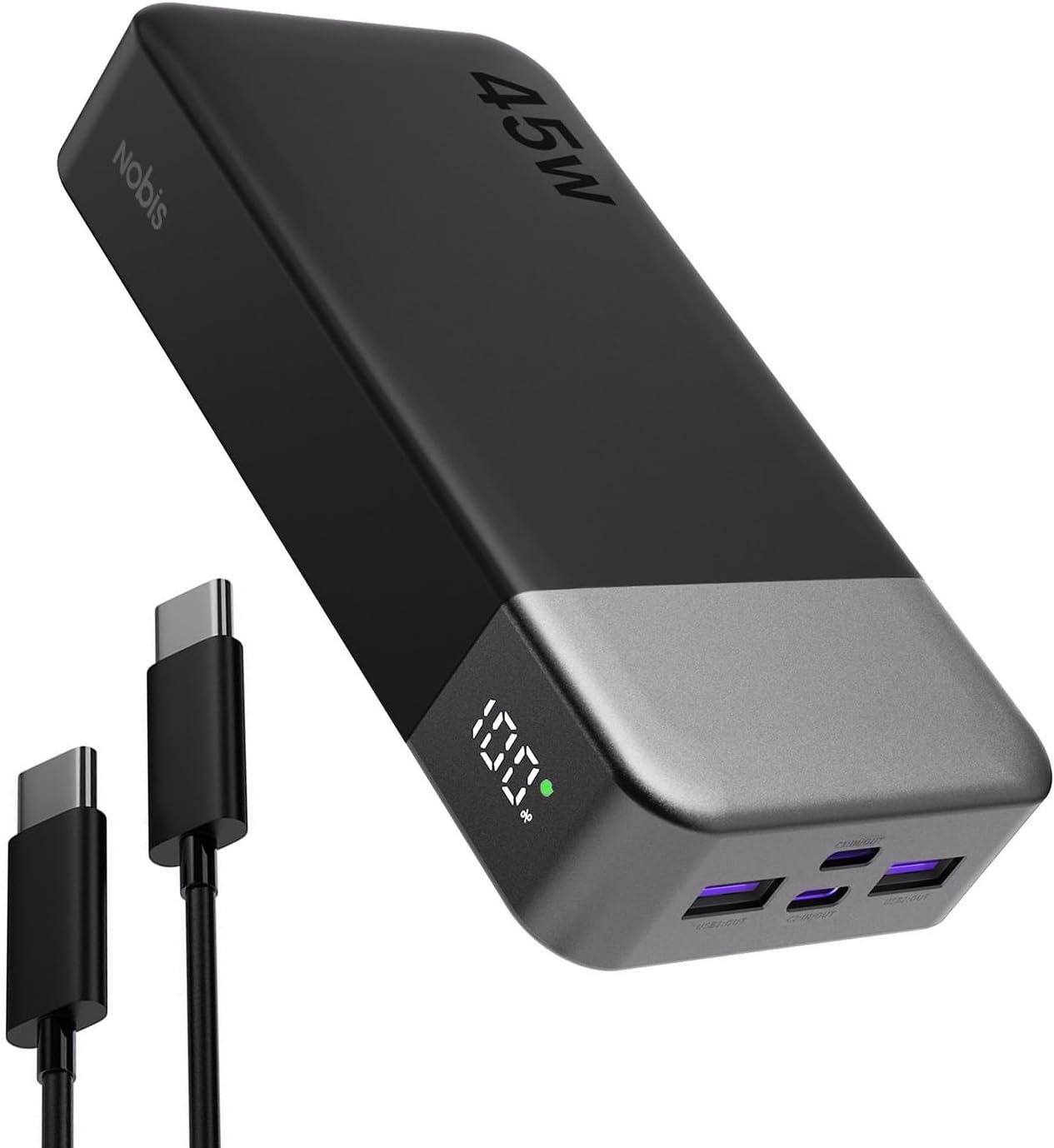 NOBIS Portable Charger 45W 20000mAh Power Bank Fast Charging | 2C+2A Battery Pack with C to C Cable, Battery Bank with Digital Display for iPhone Android Laptop etc