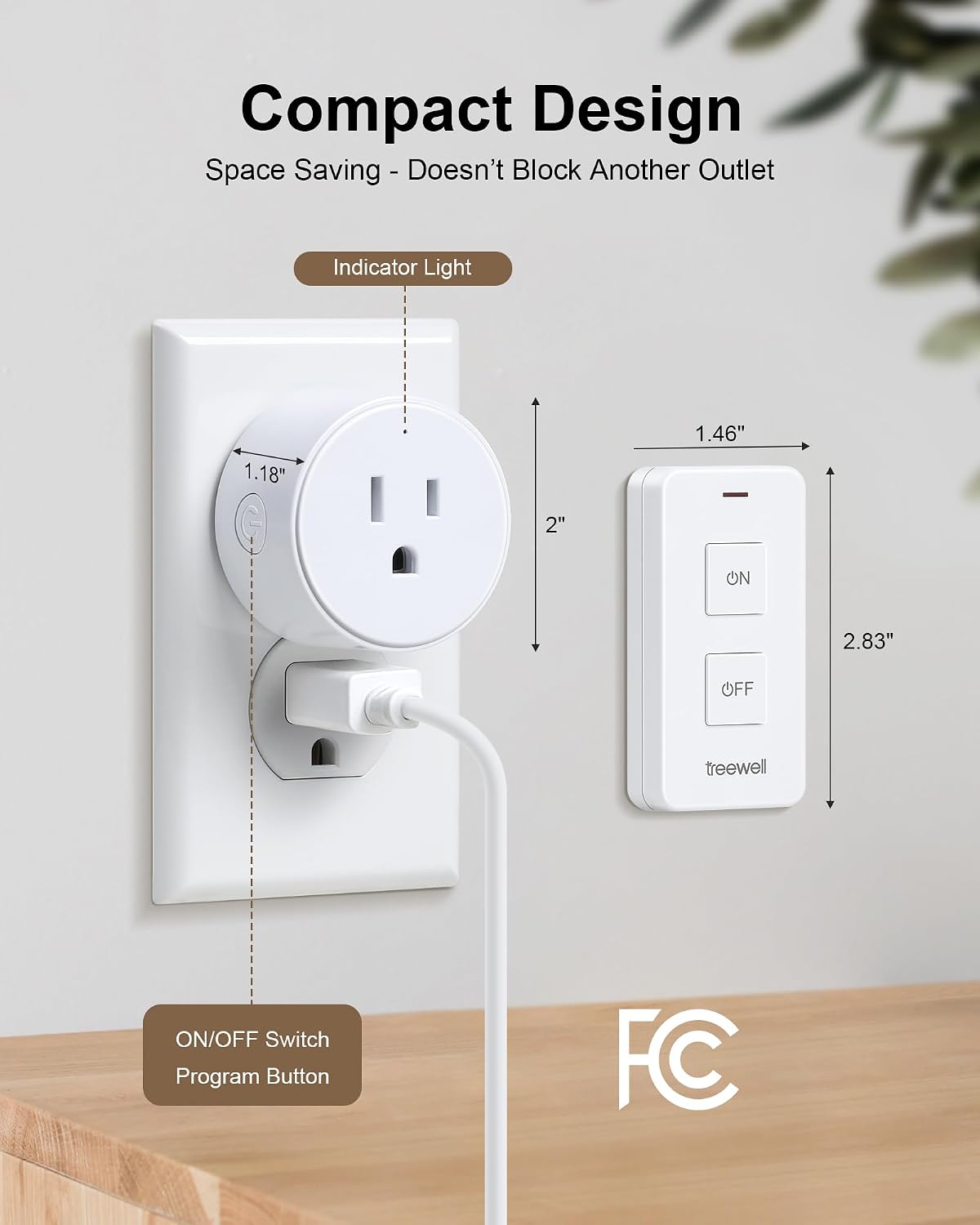 Wireless Remote Control Outlet with Portable Magnetic Switch | 200FT Long Range, Mini Round Plug, 15A/1875W, for Lamps/Lights/Household Appliances, FCC listed, Pre-Programmed