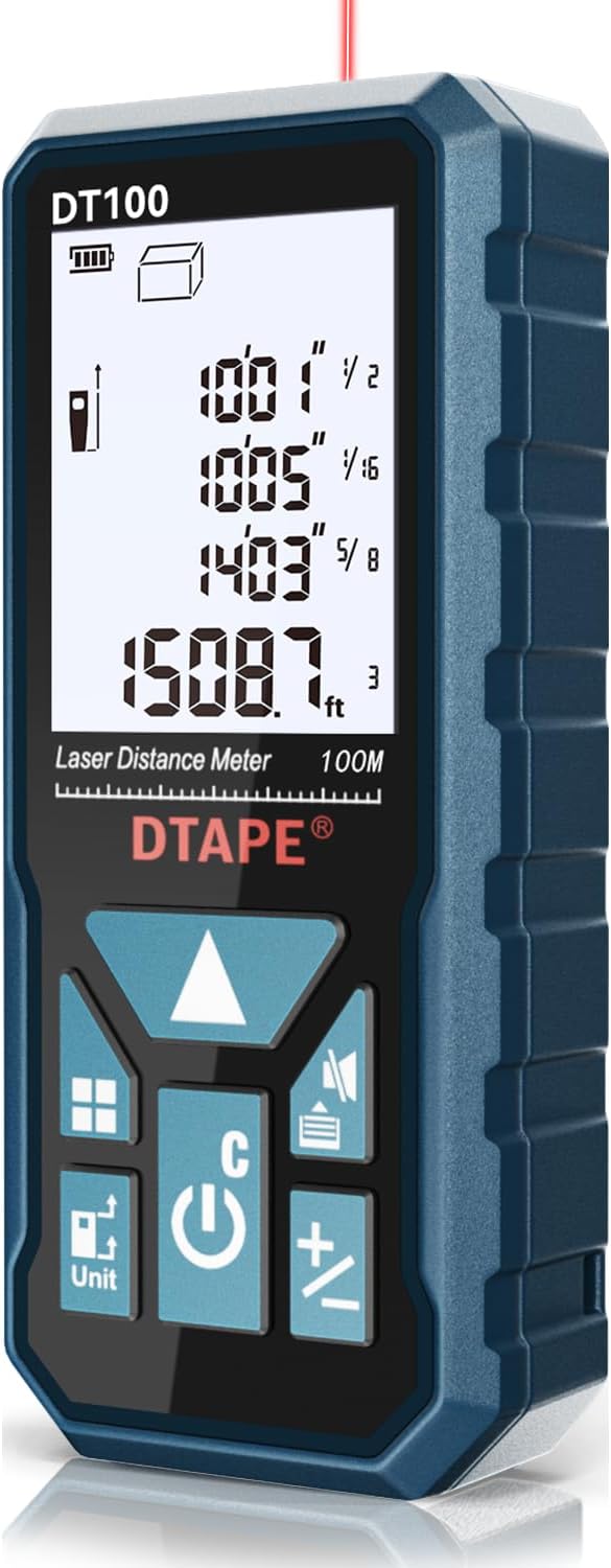 DTAPE 165 Ft Laser Measuring Tool, 1/16" High-Accuracy Laser Tape Measure | 2" Backlit LCD Display Laser Measure, Ft/In/Ft+In/M Electronic Tape Measure, Distance/Area/Volume/Indirect Laser Range Finder