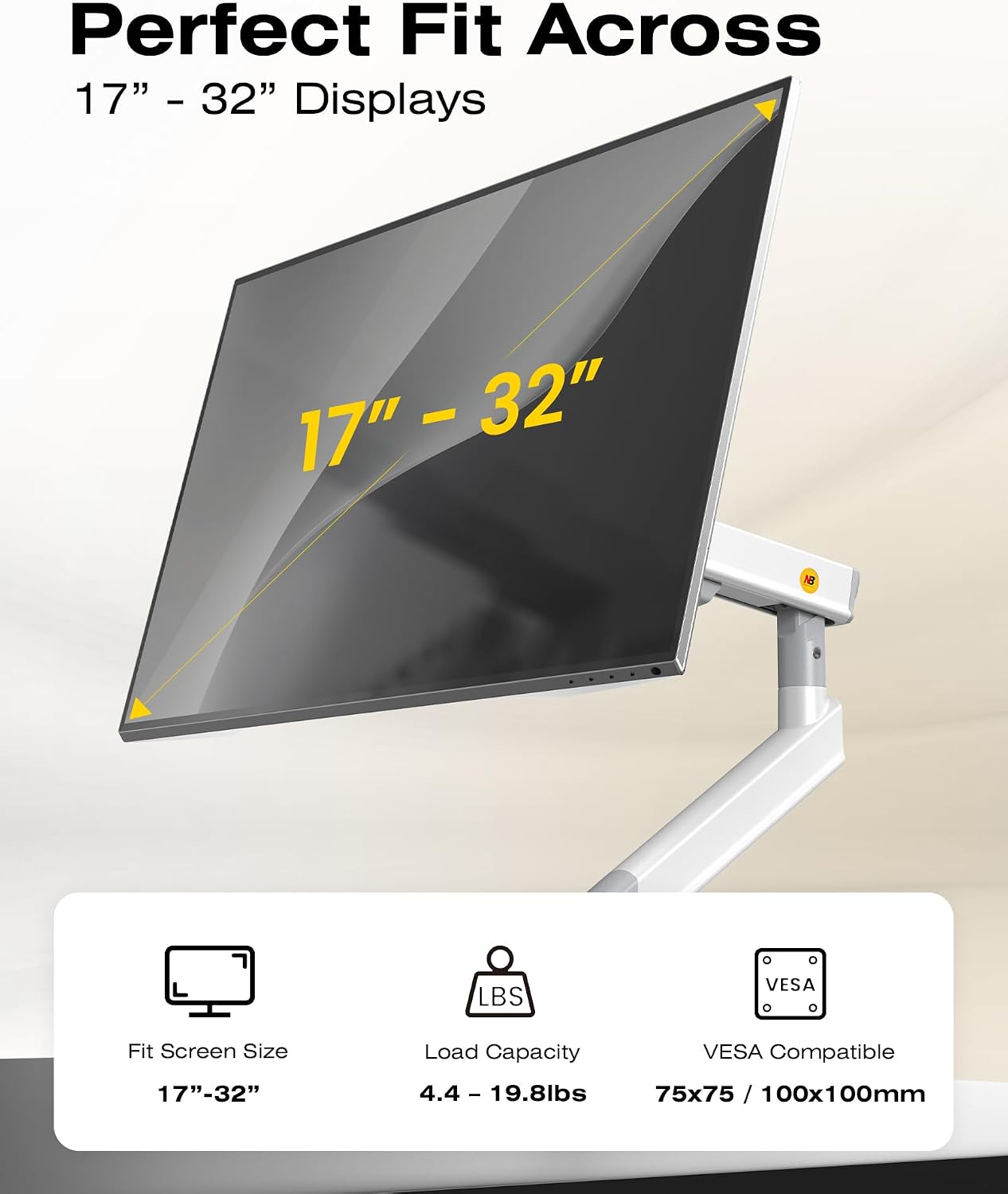 NB SmooVex™ Single Monitor Arm for Monitors 17'' to 32 inch, Mechanical Spring Mount Load up to 9 kg, VESA 75/100 mm Monitor-Mount A5 (White)