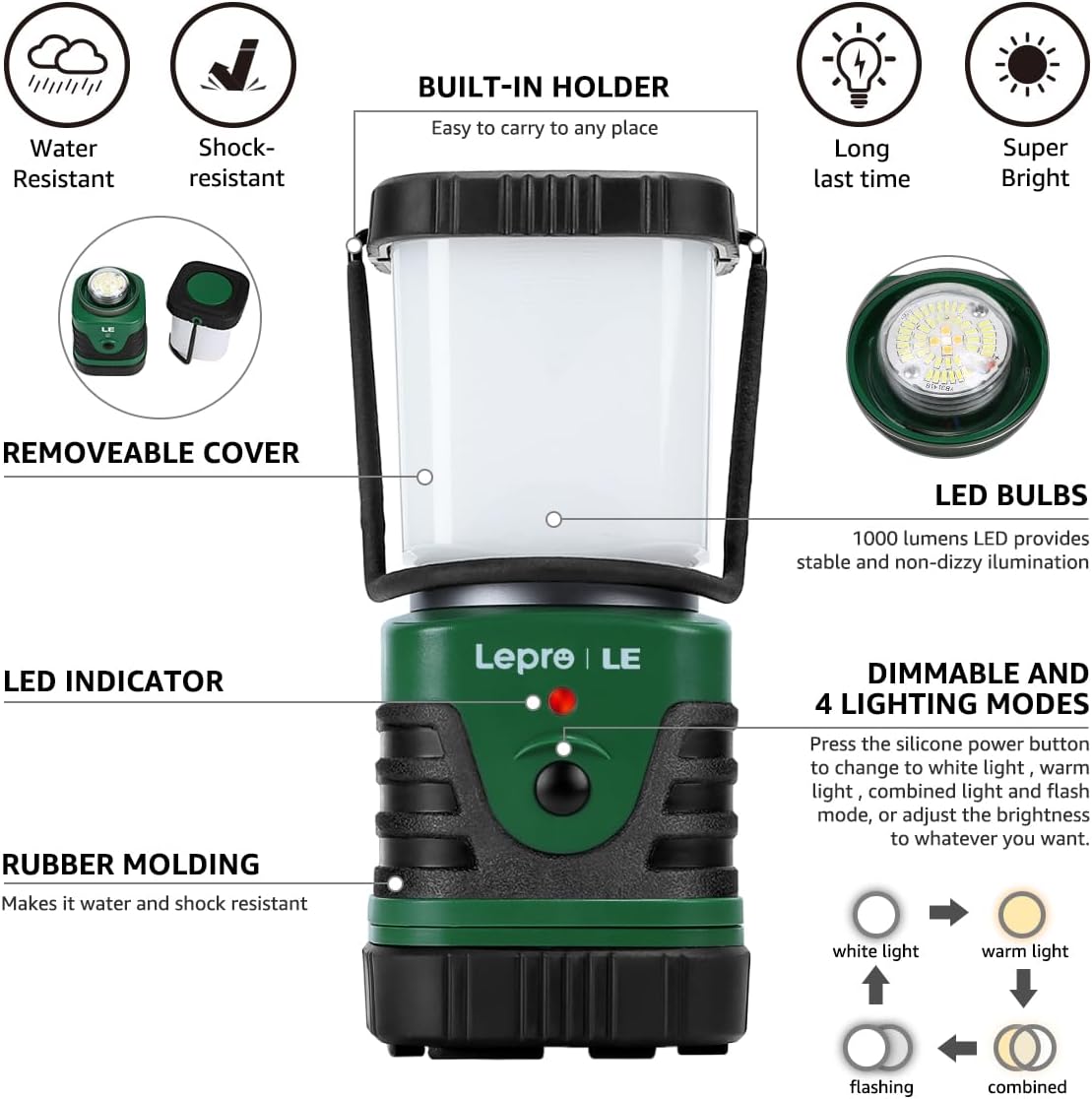Lepro 1000LM LED Camping Lantern Rechargeable, 4400mAh, 4 Light Modes | Tent Light, Camping Essentials, Waterproof Lantern Flashlight for Camping, Emergency Light, Power Outages, USB Cable Included