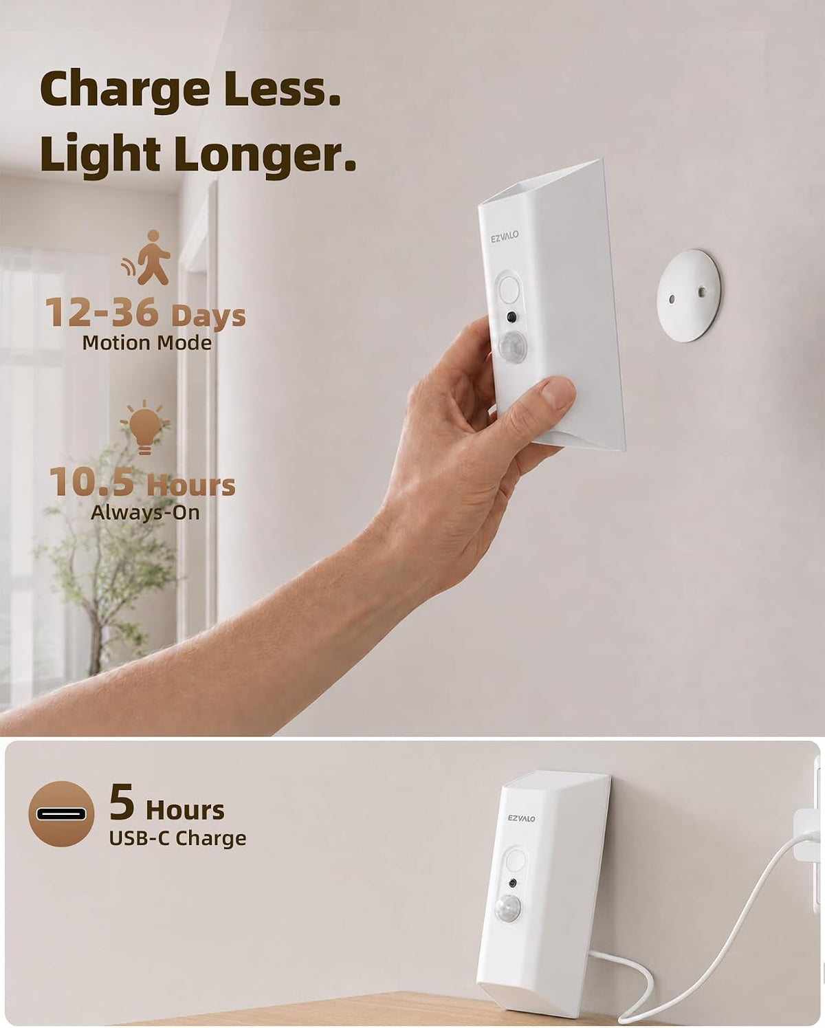 EZVALO Motion Sensor Wall Light with Remote Control, Wireless Wall Lamp, 3 Color Temps, Dimmable, Magnetic, LED Indoor Rechargeable Wall Sconce, 4000mAh, for Hallway, Stair, Bedroom, Renters