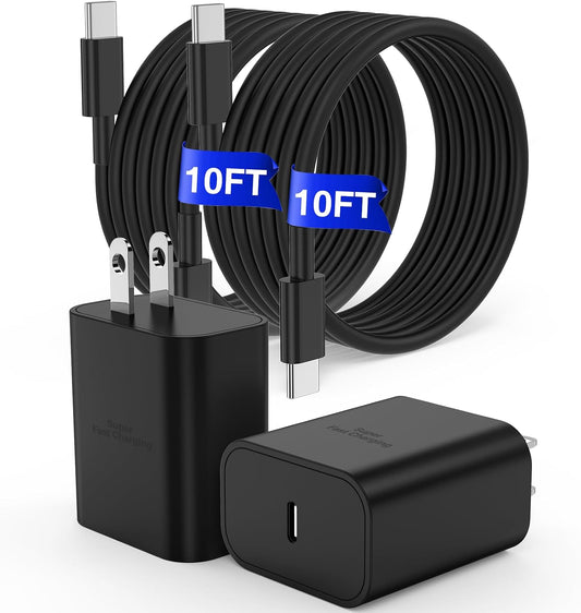 2Pack USB C Super Fast Charger for Samsung S26 S25 Ultra with 10FT Cables | PD PPS Type C Wall Charger for Galaxy S26/S25/S24, iPhone 17/16/15 and iPad; includes 2 chargers and 2 x 10FT USB C cables