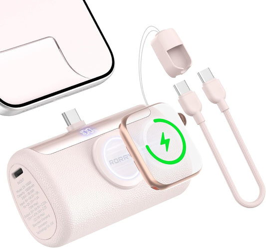 RORRY PalmGo Portable Charger Power Bank 10000mAh 3-in-1 Mini Battery Pack | Built-in USB-C Connector, 22.5W Fast Charging, for iPhone 17/16/15, Apple Watch, iPad, Travel Essential, Pocket Size