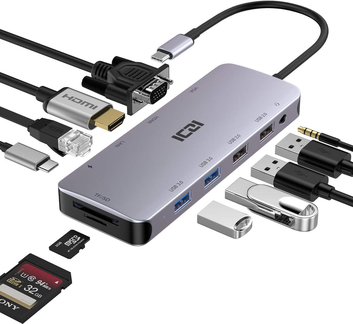 ICZI USB C Hub, 11 in 1 Docking Station Multiport Adapter with 1*HDMI/VGA/Ethernet, SD/TF Card Reader, 4*USB Port, 100W PD and 3.5mm Audio Jack Compatible with MacBook, Dell/HP/Lenovo Laptop, Surface
