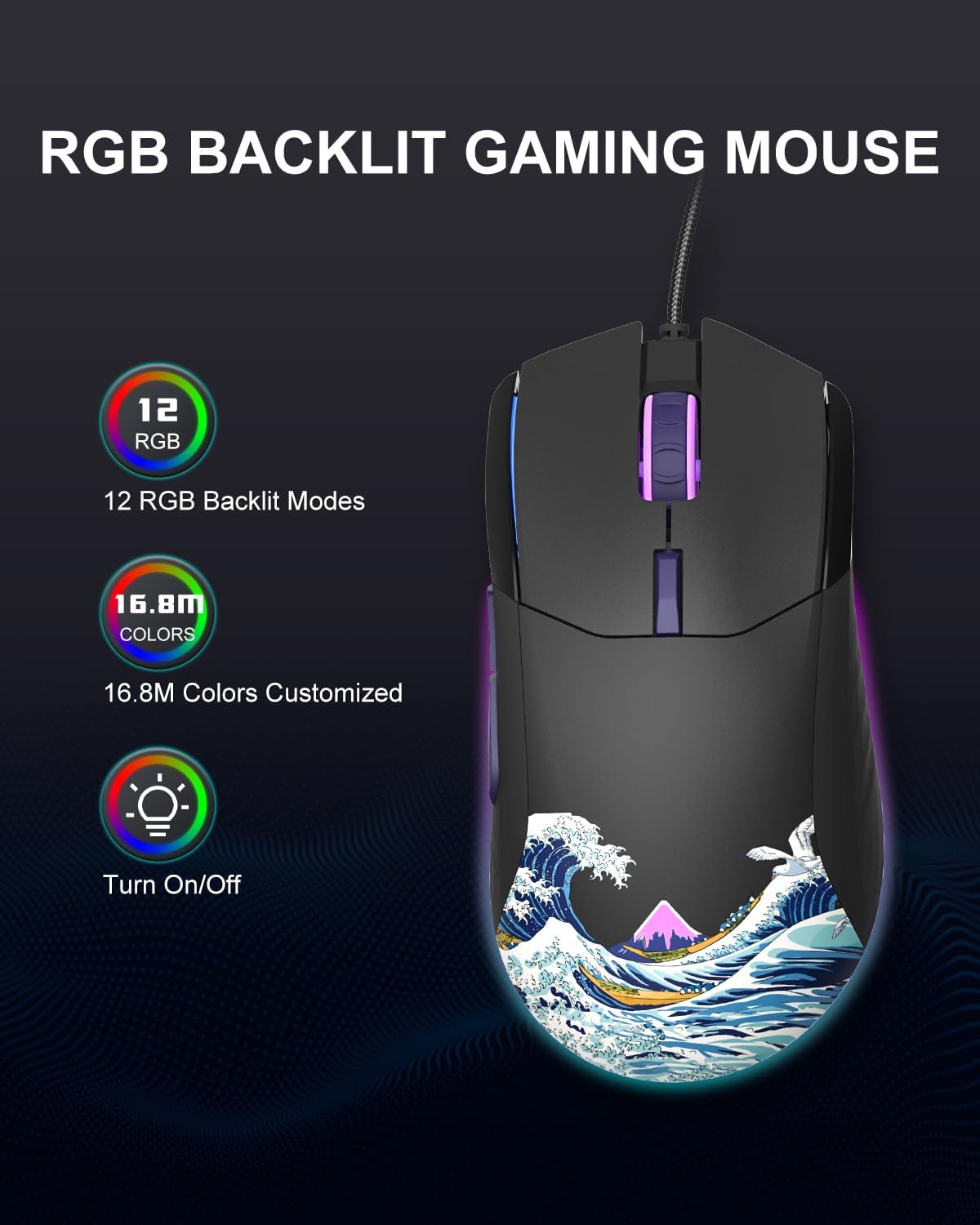 COSTOM Womier USB Wired Gaming Mouse for PC Computer Windows Mac Laptop | Lightweight Silent RGB Backlit Mouse with Adjustable 12000DPI/7 Programmable Side Buttons, Black Kanagawa Theme-G705 V2