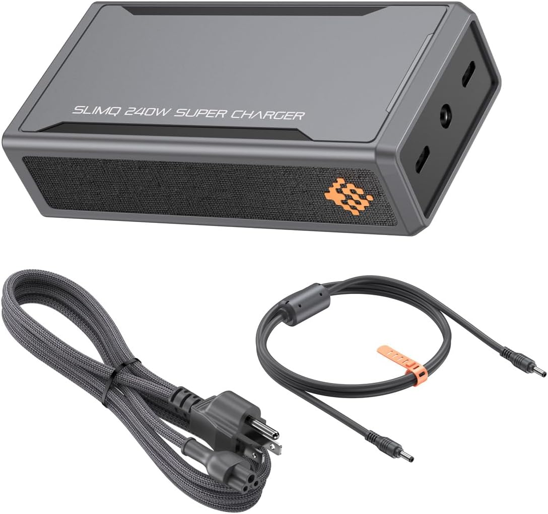 SlimQ 240W Universal Compact Gaming Laptop Charger Plus 2 USB-C Ports on it