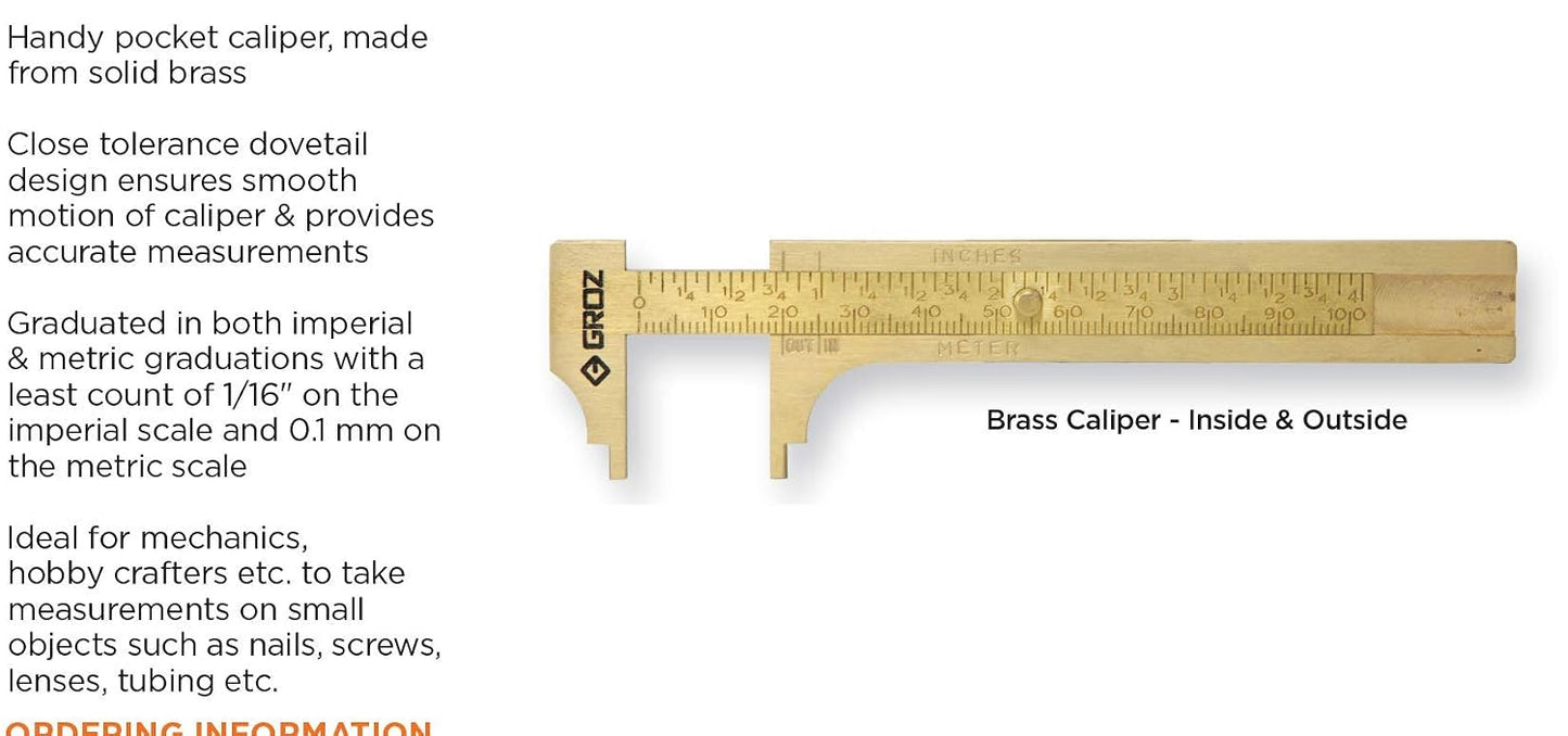 Groz 01304 4-Inch Pocket Brass Caliper, Inside & Outside Measurements, Non-Magnetic, Dual Imperial/Metric Graduations for Mechanics, Hobbyists, EDC
