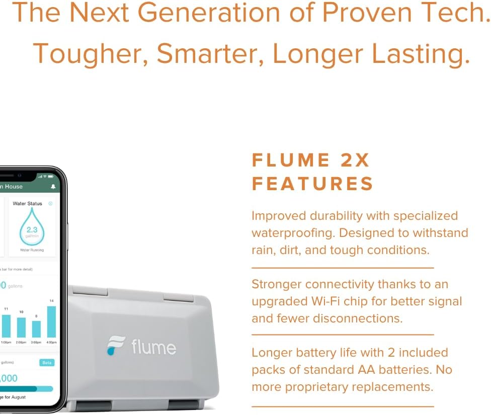 Flume F2X Smart Home Water Monitor and Leak Detector (Newest Model) – Real-Time Water Usage Tracking, Indoor/Outdoor Leak Alerts, Irrigation & Sprinkler Monitoring, Easy No-Plumbing Installation