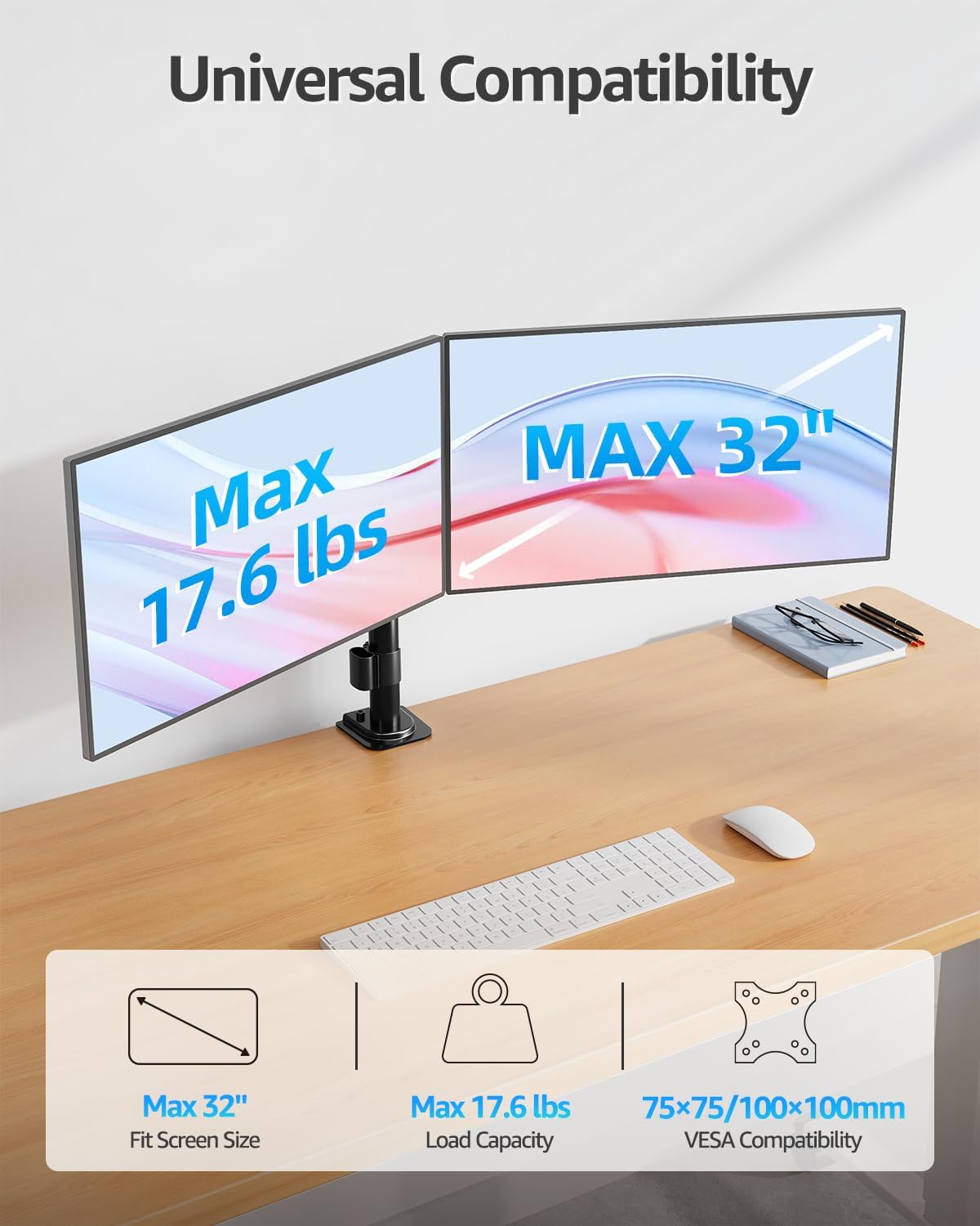 MOUNTUP Dual Monitor Desk Mount, Max 32 Inch up to 17.6lbs, Fully Adjustable Dual Monitor Arm for 2 LCD Screens, Double Monitor Stand with C-Clamp and Grommet Base