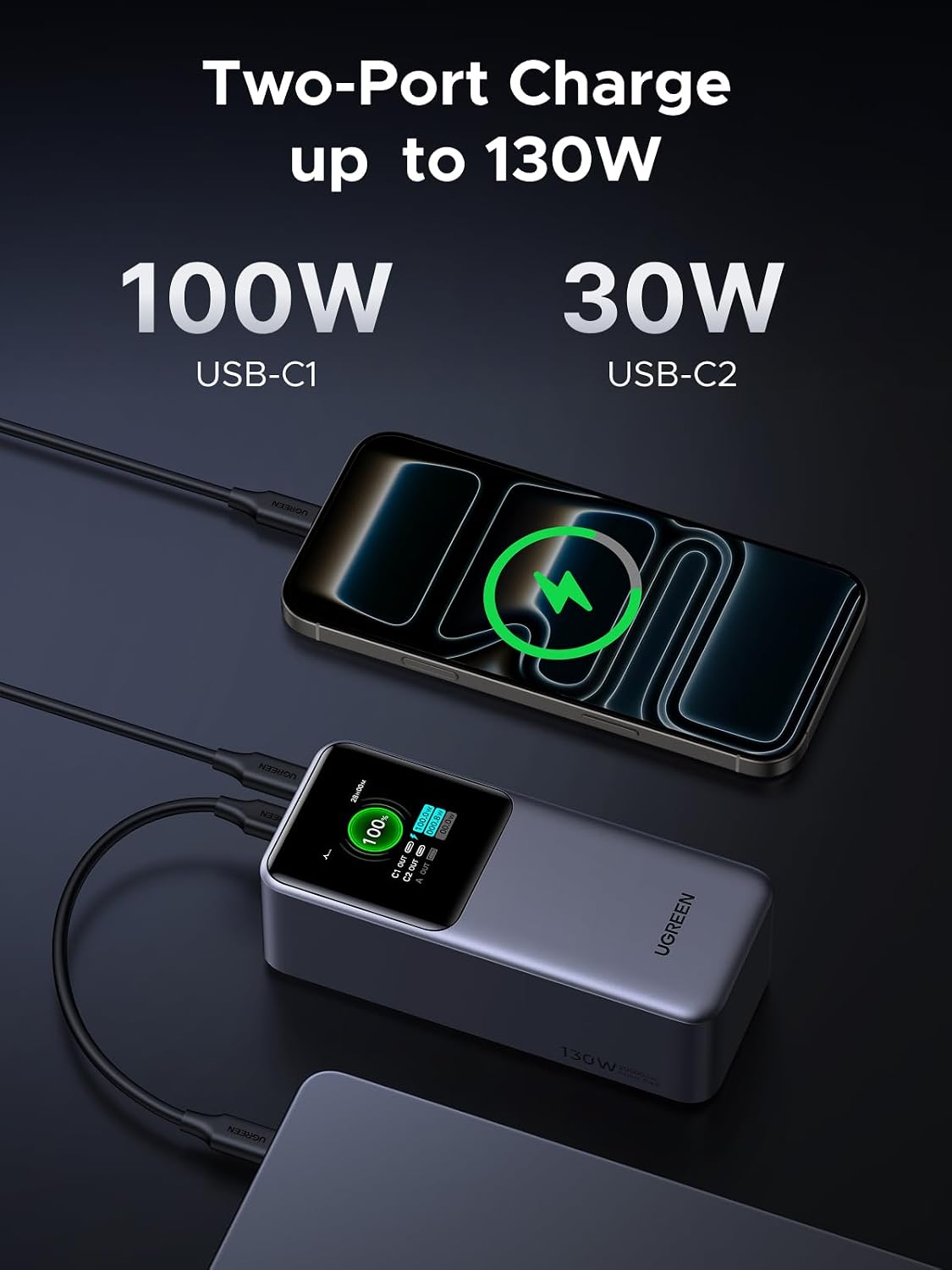 UGREEN Nexode 20000mAh 130W Portable PD Power Bank for MacBook Pro 16 | TFT smart display, 72Wh, PD 3.0. Fast for MacBook, iPad, iPhone 17/16, 3-port for multiple devices