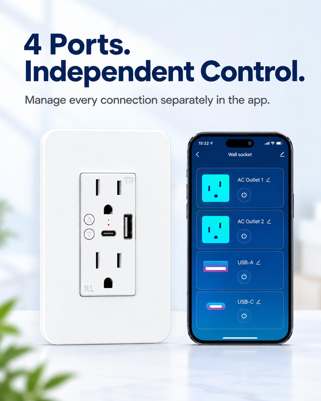 WiFi Smart Plug,in-Wall Smart Home Outlet Compatible with Alexa,Google Assistant,Timer Via App,USB + Type-C Port,Partition Remote Control Smart Socket