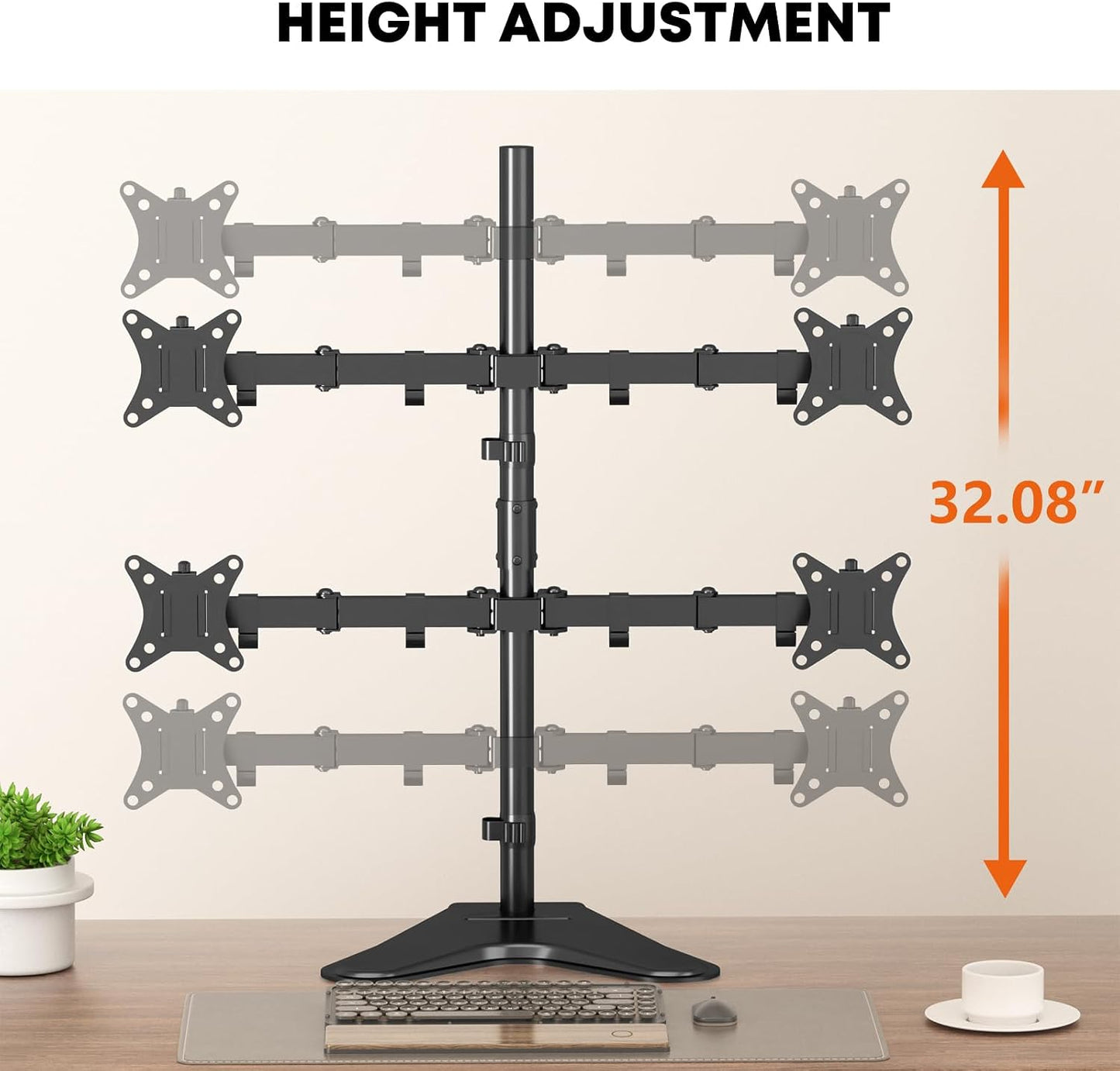 PUTORSEN Quad Monitor Stand for 4 Screens, 17-32", 19.8 lbs Each | Stacked 4-Screen Desk Mount with Full-Motion Arms, VESA 75/100, Tilt, Swivel & Rotation, Larger Base with Phone Slot, Black