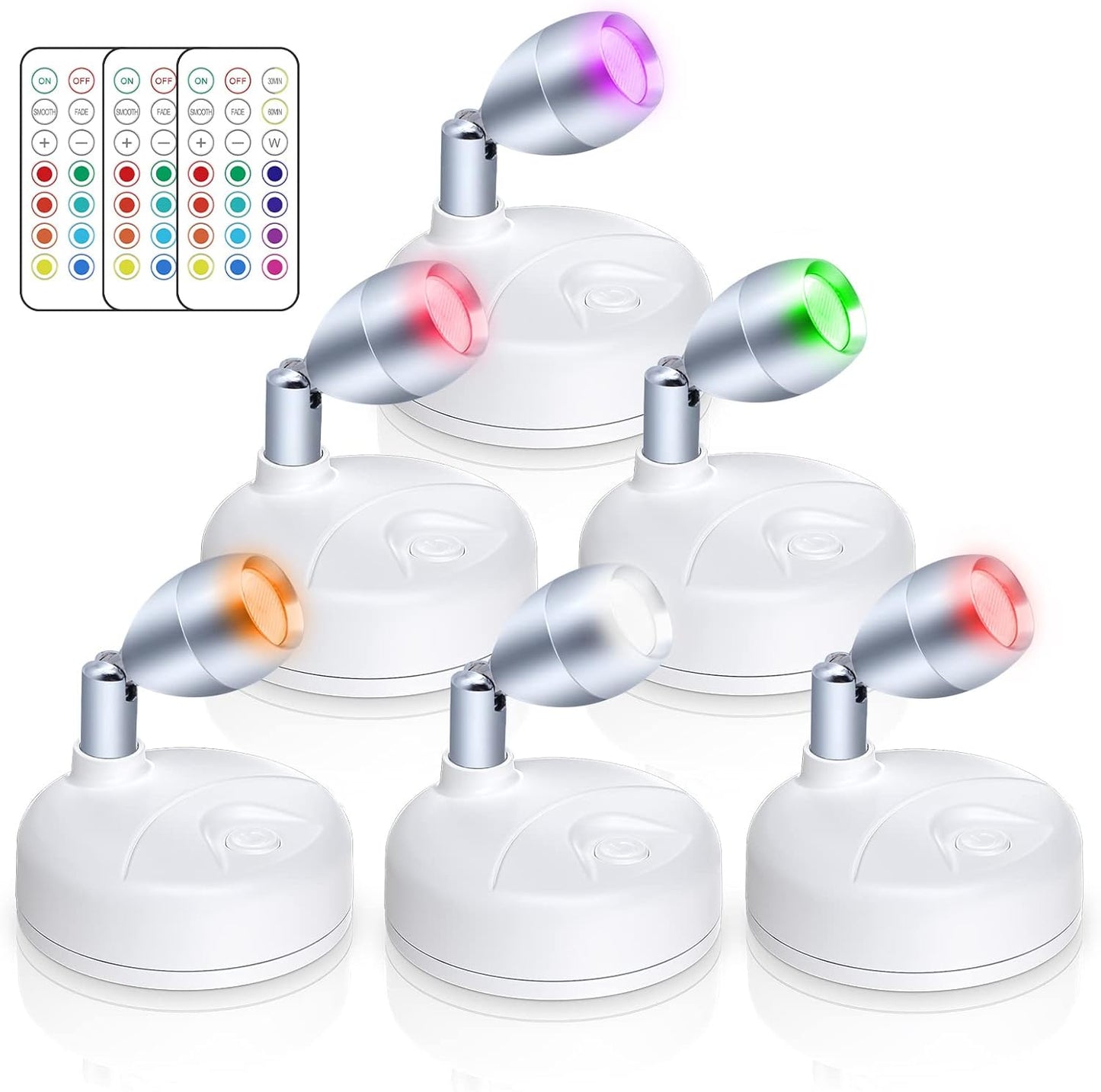 Spot Lights Indoor Battery Operated Uplights with Remote, RGBW 13 Color Wireless LED Spotlights Mini Stick On Wall Accent Lights Rotatable Head with Dimmer & Timer for Artwork Painting Closet