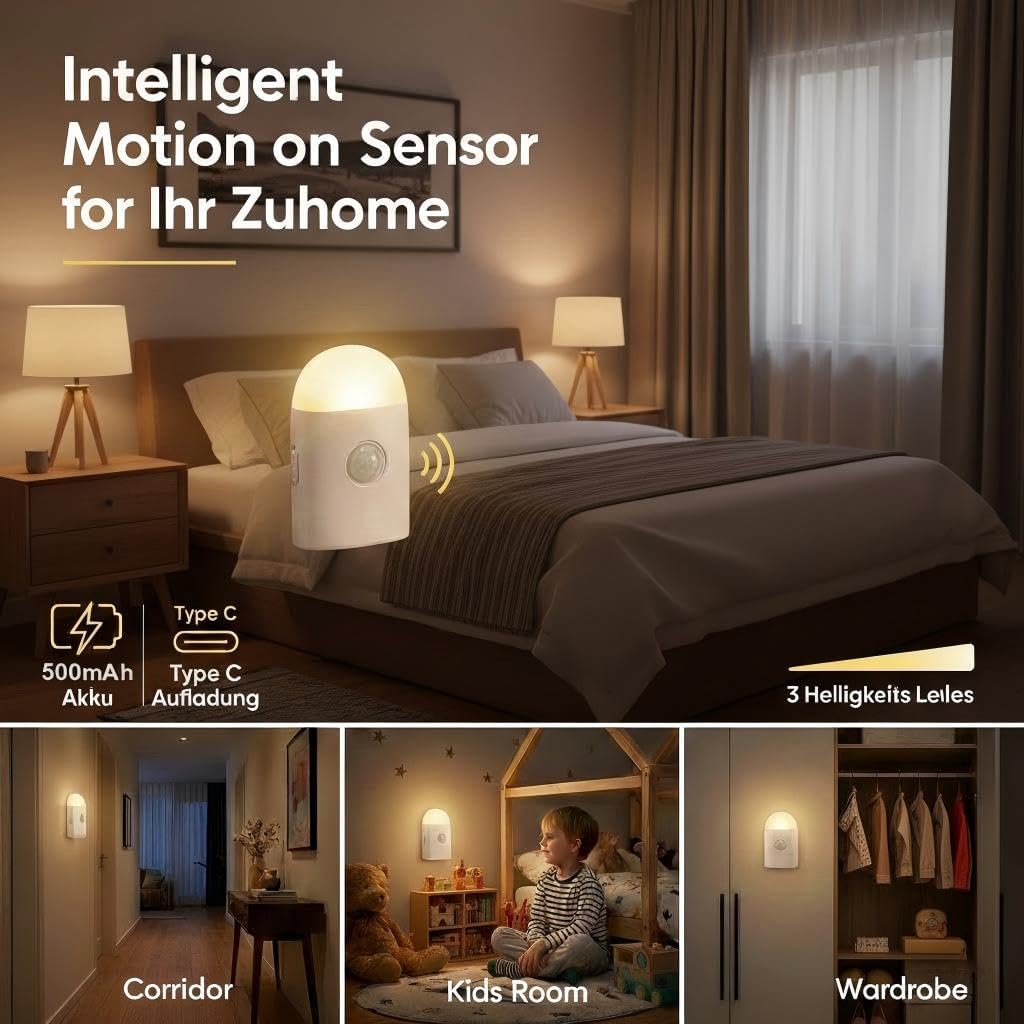 Motion Sensor LED Night Light,Warm White Dimmable Rechargeable Stick & Hook | 2 modes: motion sensor & steady light,3 dimmable levels,ideal for hallway,stairs,bedroom,bathroom,cabinet,camping