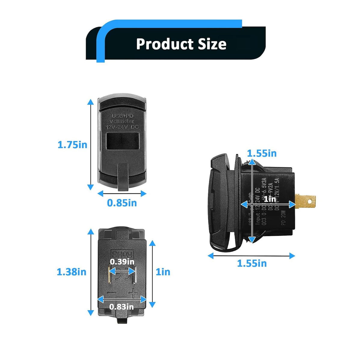 Wsays Dual USB Tpye C Rocker Plug & Play Switch Charger/Outlet 12v PD & QC 3.0 with LED Voltmeter Display Compatible with Polaris RZR Ranger General | Plug & Play Switch, 12v PD & QC 3.0 Dual Outlet with LED Voltmeter Display