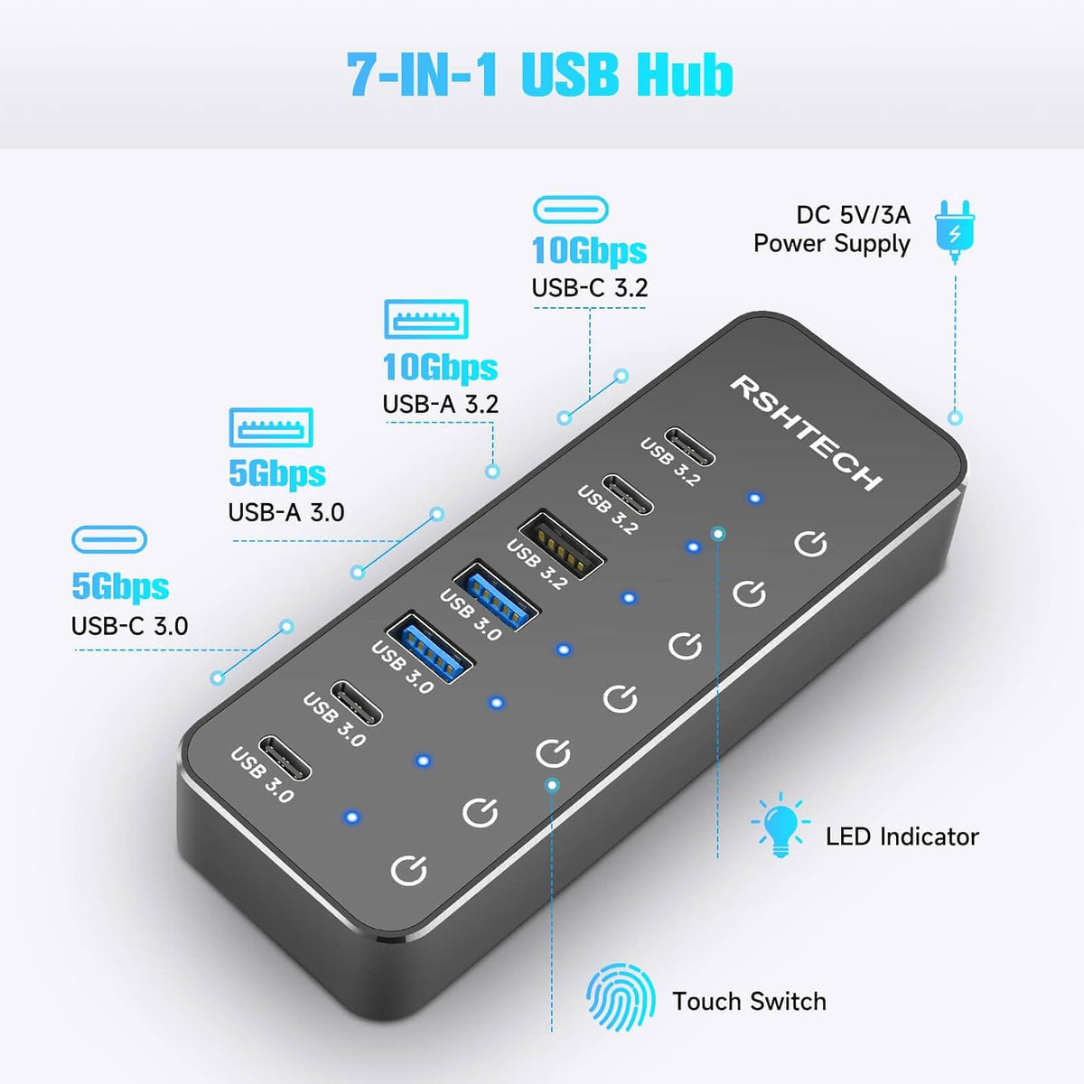 RSHTECH 7-Port Powered USB-C/USB 3.2 Data Hub Splitter, RSH-ST07C-4