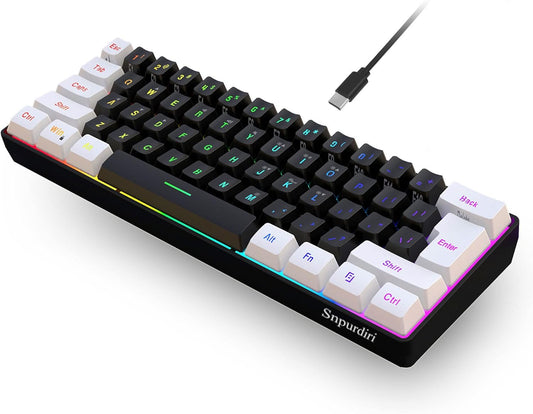 Snpurdiri 60% Wired Gaming Keyboard, Small RGB Backlit Membrane Gaming Keyboard, Ultra-Compact Mini Waterproof Keyboard for PC Computer Gamer White and Black