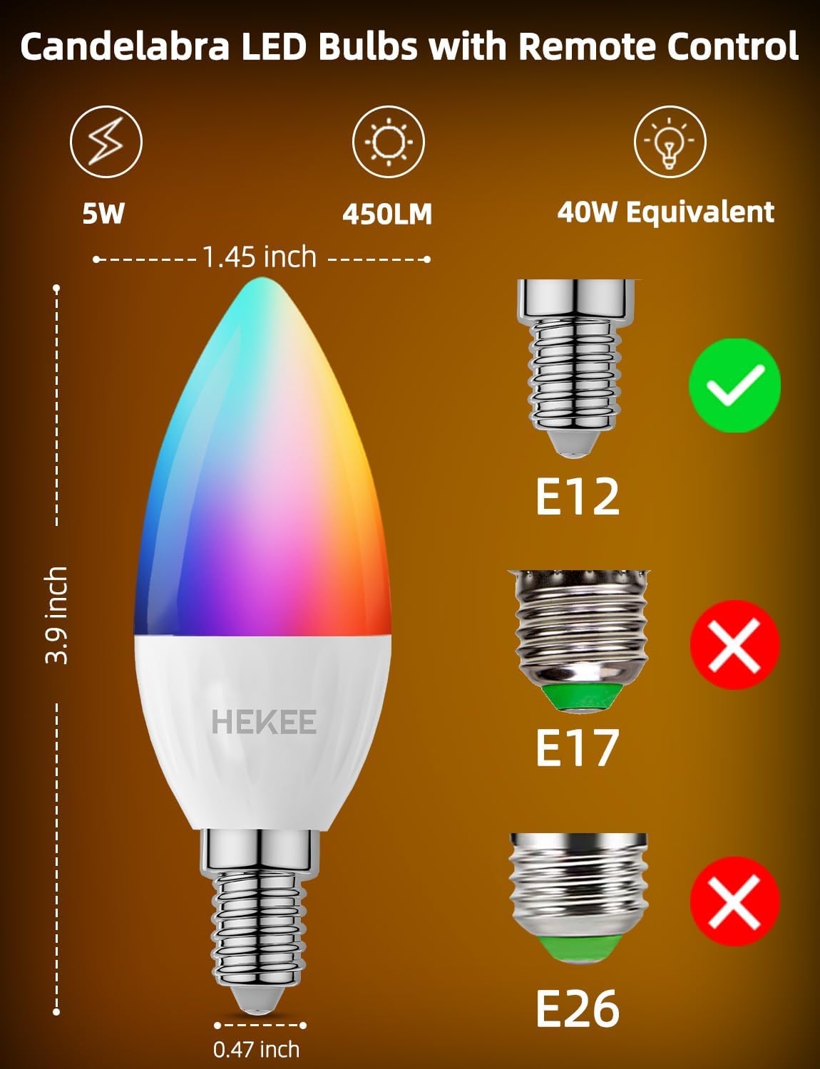 HEKEE E12 Candelabra Light Bulbs, 120V Color Changing Bulb with Remote, Plug-in Only, E12 Base, 12 RGB+2700K Warm White, 40W Equiv (5W), 450LM, Timer, 2 Modes, for Chandelier/Ceiling Fan, 4 Pack