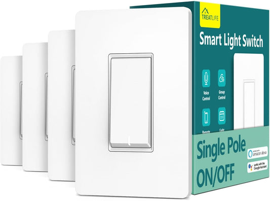 TREATLIFE Smart Light Switch Single Pole Works with Alexa, Google Home and SmartThings, 2.4GHz WiFi Timer Smart Switch, Neutral Wire Required, No Hub Required, FCC Listed, 4 Pack