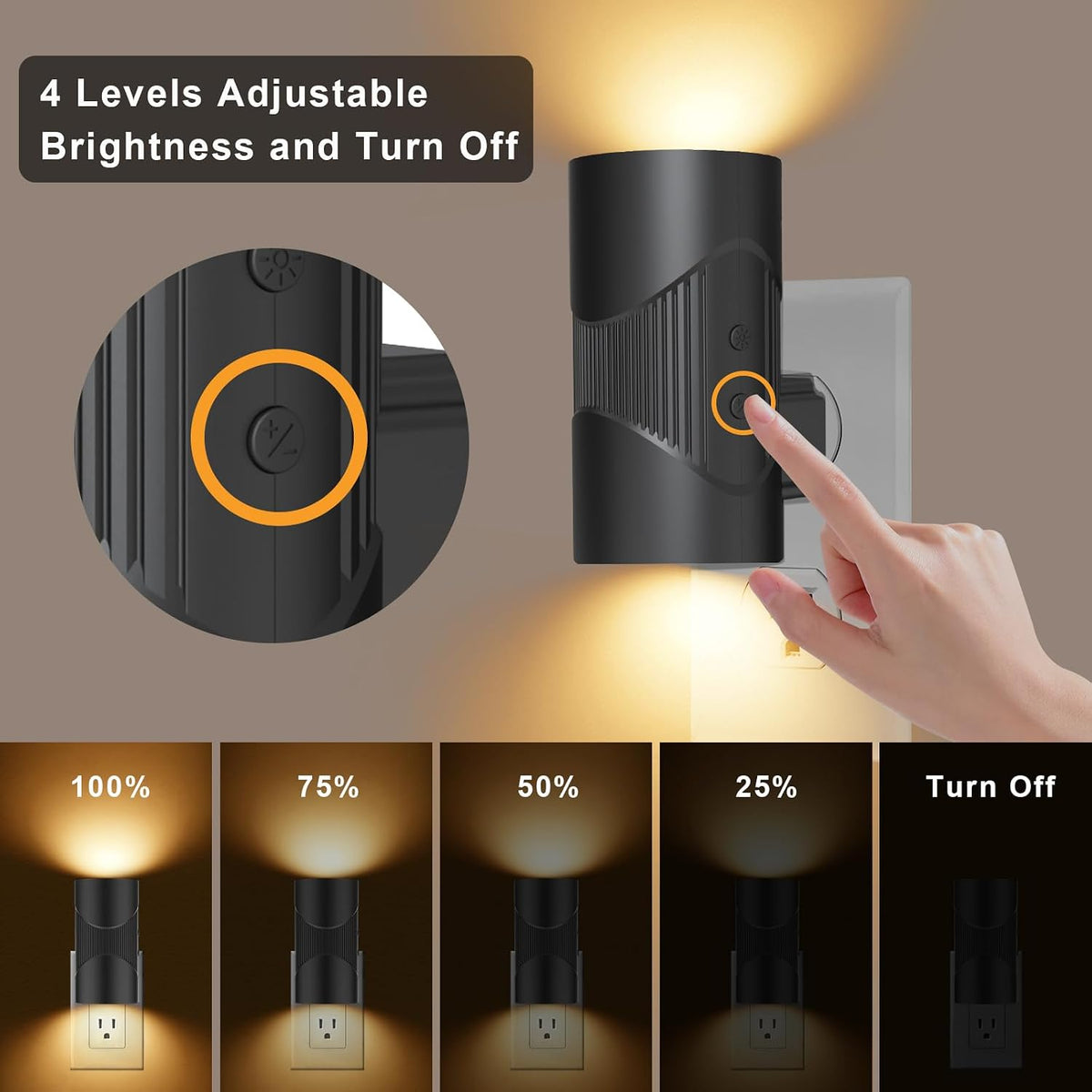 easuntec Night Lights Plug into Wall, Plug in Night Light, Night Light, Dusk to Dawn Light Sensor, 3 Light Modes, Dimmable Night Lights for Bedroom Bathroom Hallway Kitchen Stairs (Black, 2 Pack)