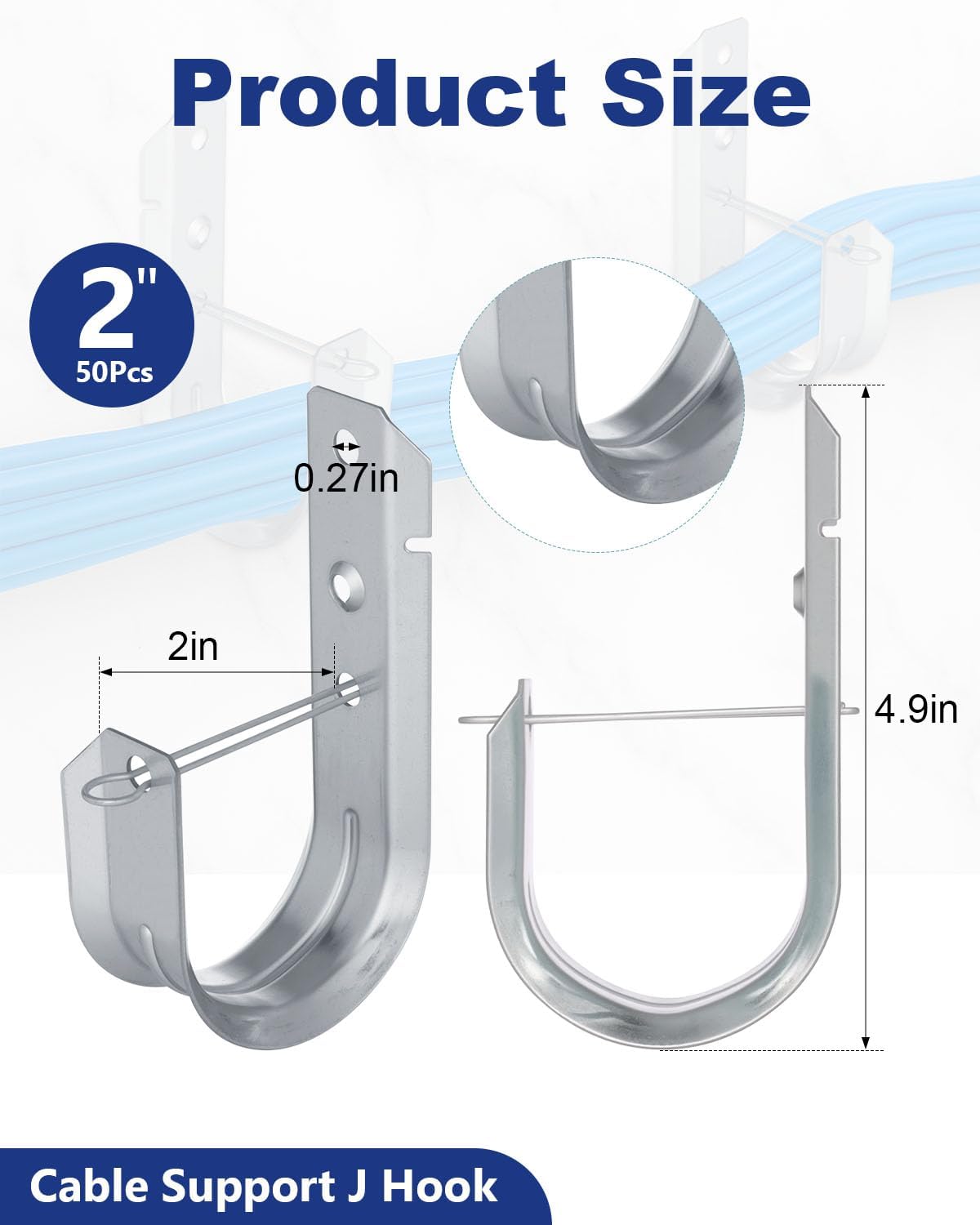 2" 50 PCS Galvanized Steel J-Hooks | Heavy Duty Wall Mount Cable Support J Hook with Retainer Clip for Cable Management