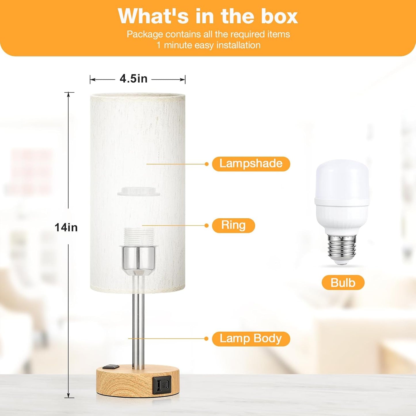 Bedside Table Lamp for Bedroom - Dimmable Touch, USB A+C, AC Outlet | 3-Way Dimmable, LED Bulb Included, Fabric Lampshade, Wood-Grain Metal Base, 14" Small Nightstand Lamp for Desk, Living Room