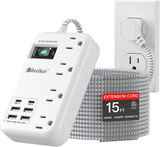 Beeiker 6 USB Surge Protector Power Strip, 15 Ft Extension Cord, 4 Outlets