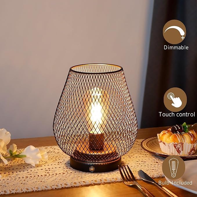 JHY DESIGN Dimmable Touch Bedside Table Lamp Set of 2 Rechargeable Battery Powered Lamp with LED Bulb Cordless Accent Lamp for Weddings Parties Patio Events Indoors Outdoors(Metal Base, Bronze Egg)