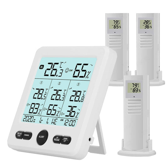 Timloon Indoor Outdoor Digital Thermometer Hygrometer with 3 Wireless Sensors, 4.7 Inch Display Temperature Humidity Monitor with 330FT Range Remote Sensor, Backlight, Time for Home, Office, School
