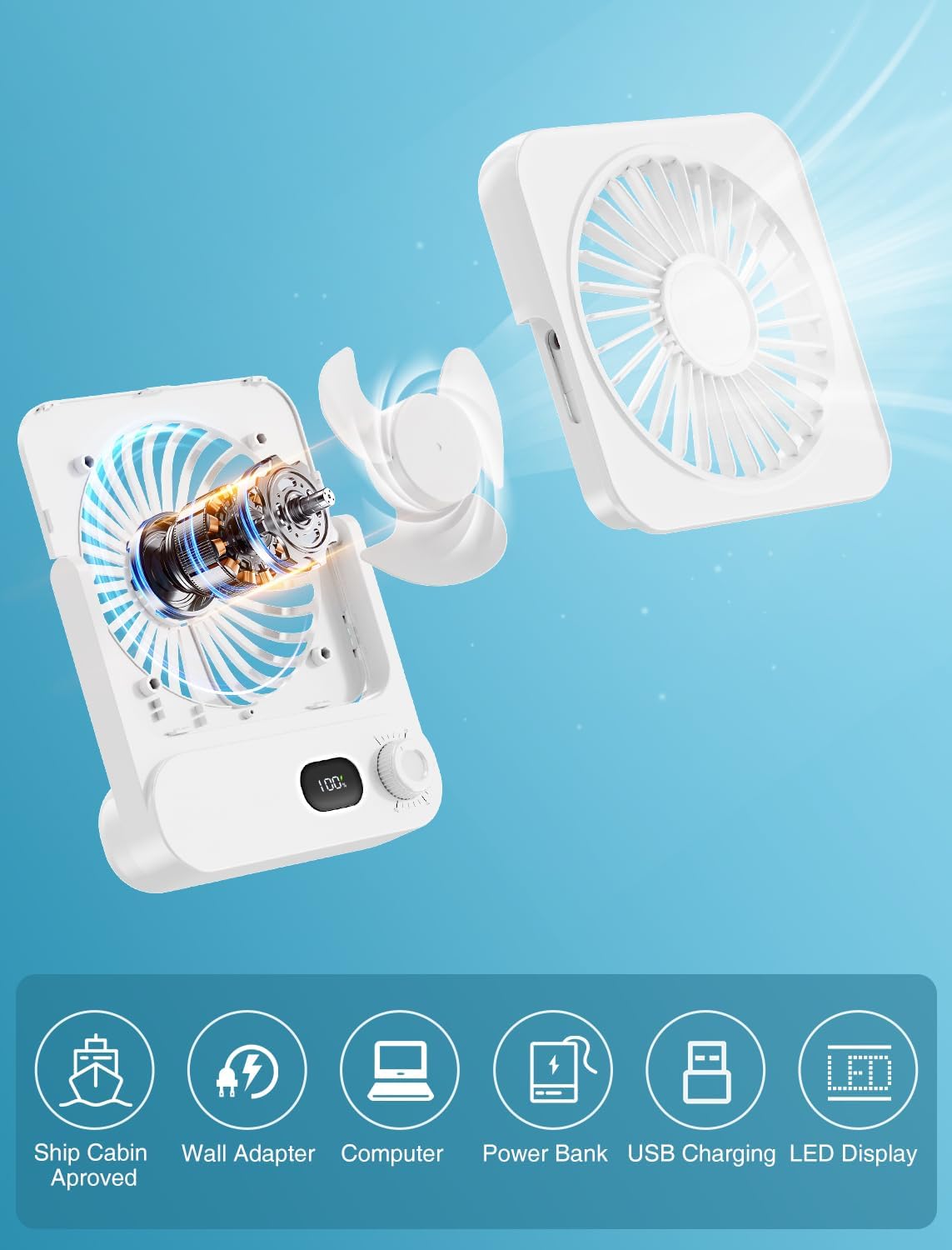 Shintrend Cruise Approved Portable Fan with Magnetic Mount, Rechargeable Cabin Fan with 100 Speeds for Ceiling or Wall, Quiet Cooling for Cruise Travel, Cruise Ship Essentials– White