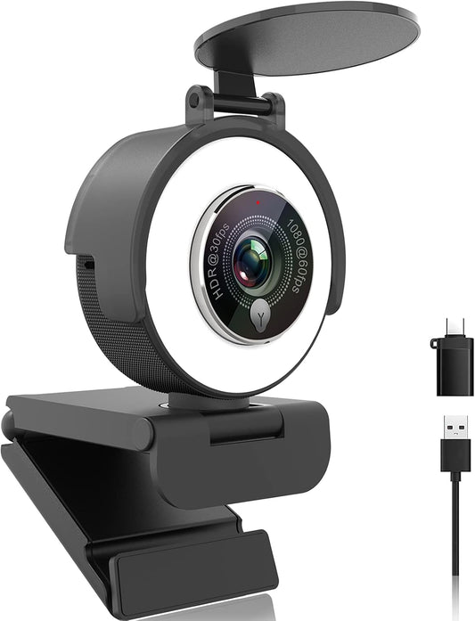 Angetube 1080p Webcam with Ring Light for Streaming, USB 60FPS Web Camera | 5X Digital Zoom, HDR-1080P@30FPS or 1080P@60FPS, Auto Light Correction, HD Web Cam w/ Microphone for PC Laptop Mac Desktop